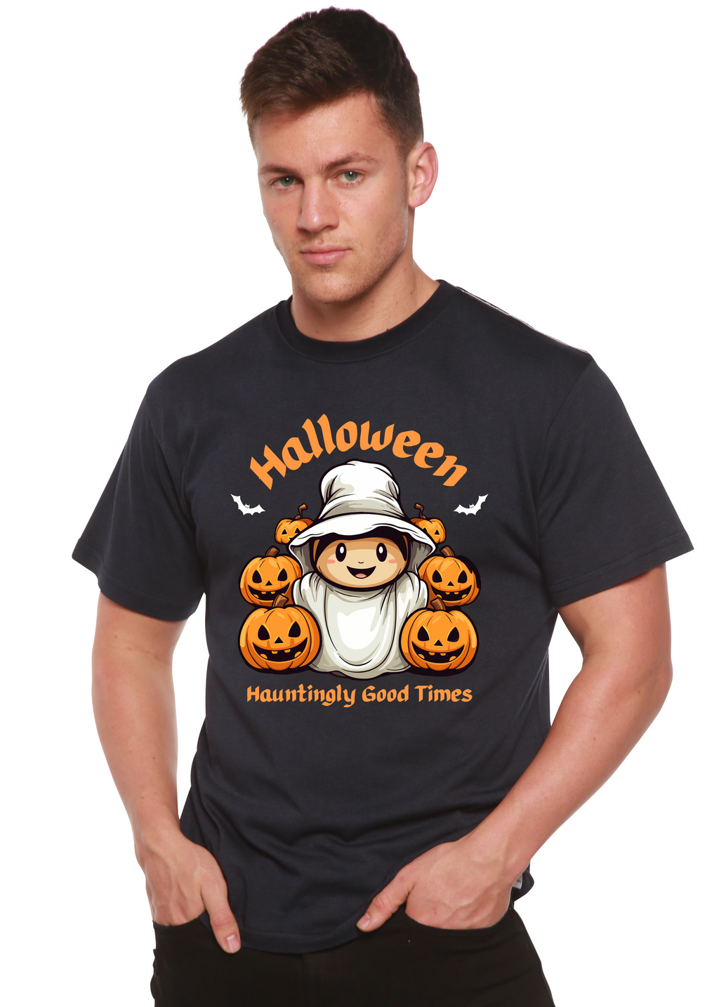 Spun Bamboo Halloween Hauntingly Good Times Day Men's Bamboo Viscose/Organic Cotton Short Sleeve Graphic T-Shirt — detail clo