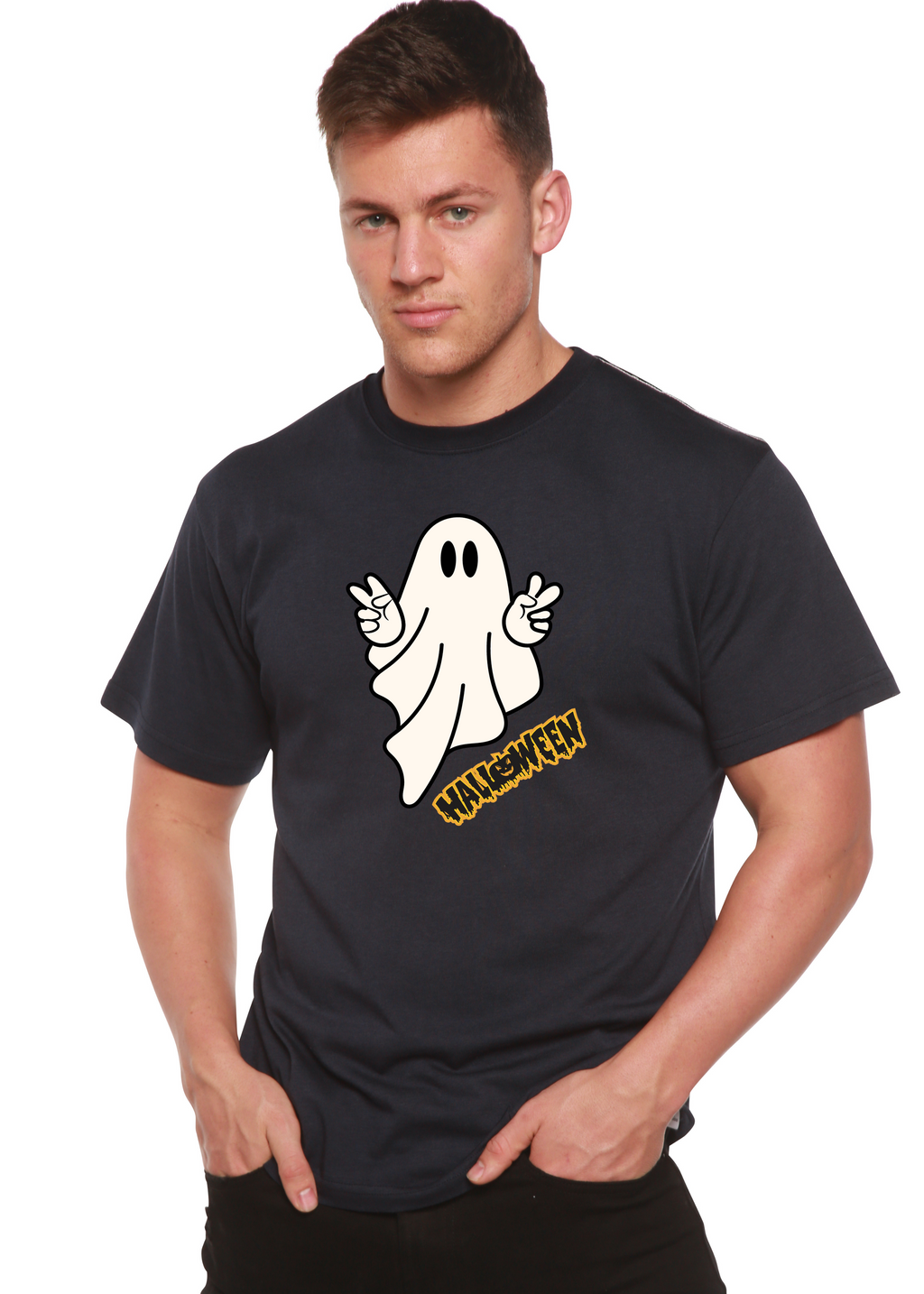 Spun Bamboo Halloween Ghost Unisex Bamboo Viscose/Organic Cotton Short Sleeve Graphic T-Shirt — feature highlight