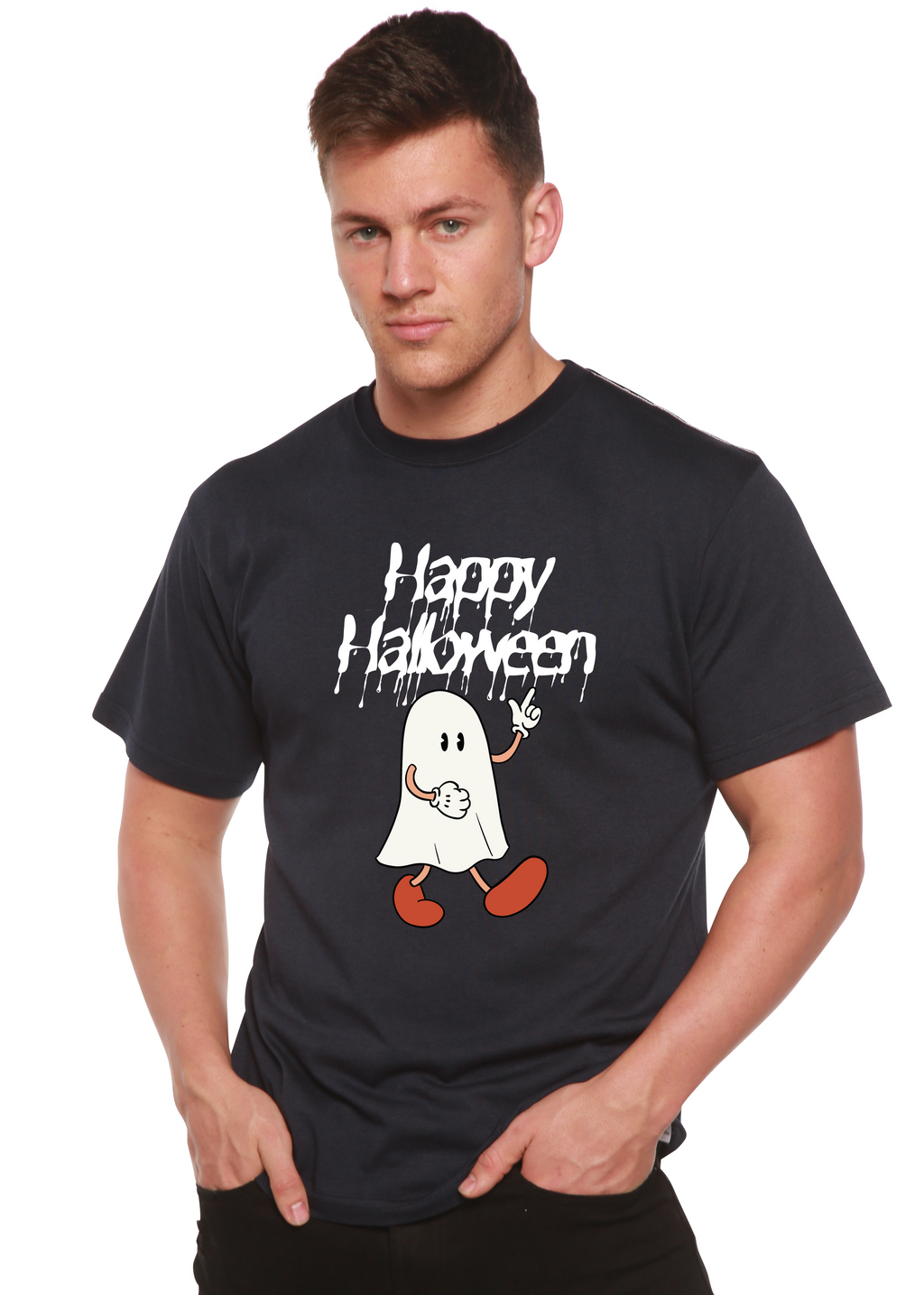 Spun Bamboo Happy Halloween Men's Bamboo Viscose/Organic Cotton Short Sleeve Graphic T-Shirt — color detail