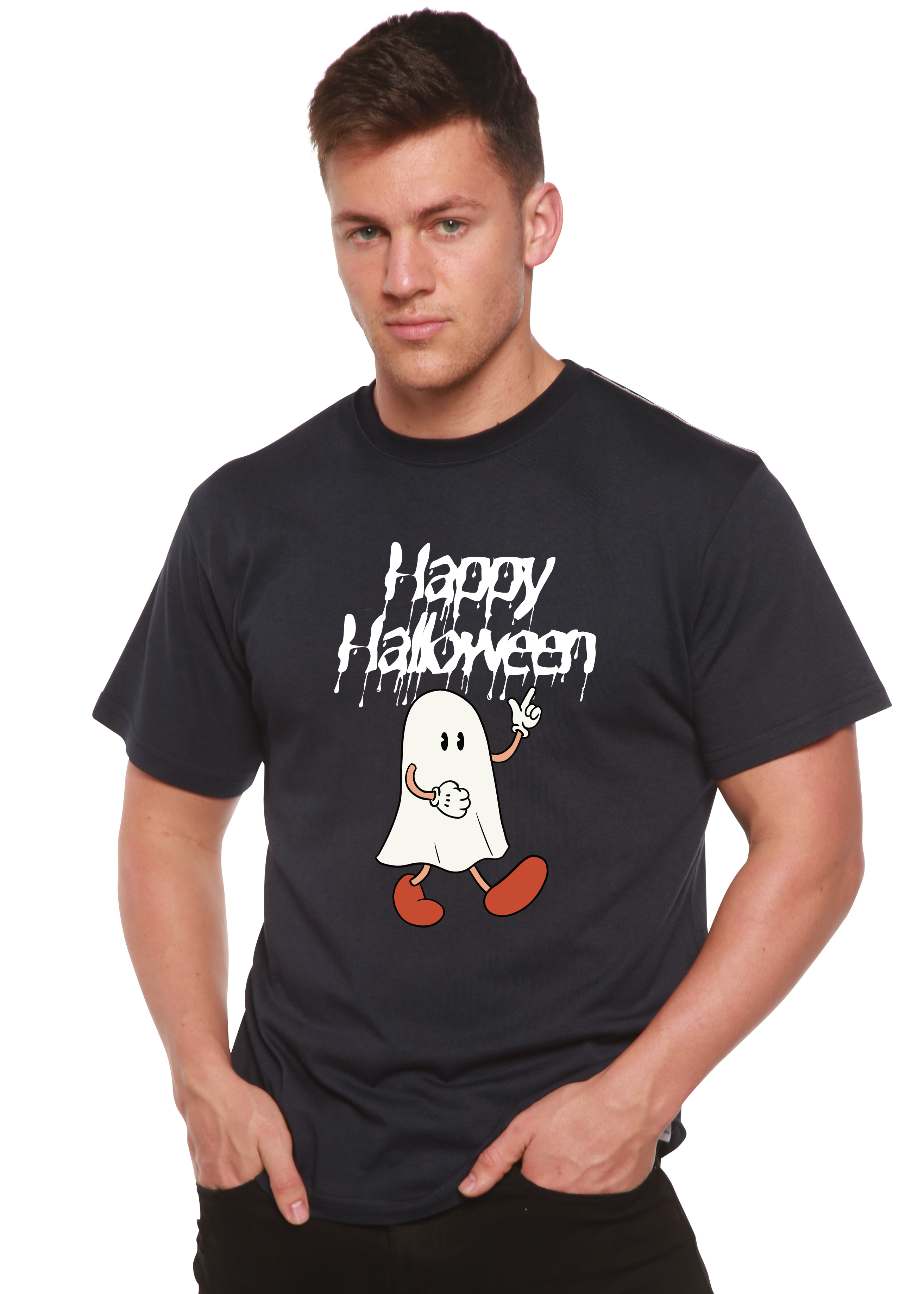Spun Bamboo Happy Halloween Men's Bamboo Viscose/Organic Cotton Short Sleeve Graphic T-Shirt — color detail