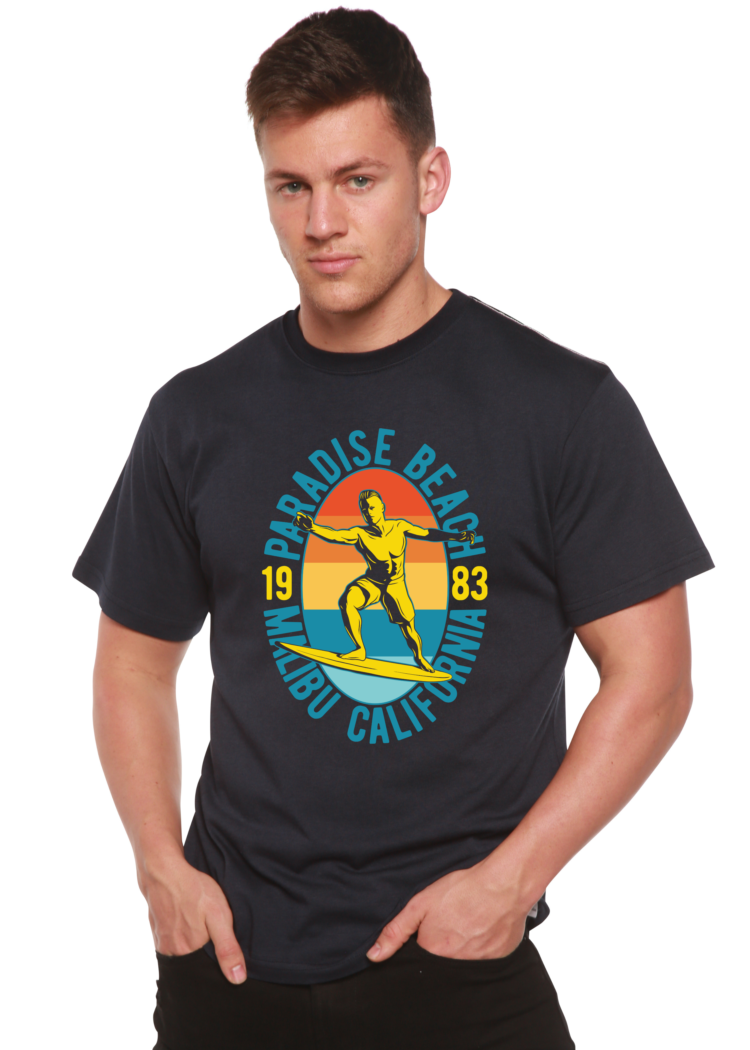 Spun Bamboo Paradise Beach 1983 Men's Bamboo Viscose/Organic Cotton Short Sleeve Graphic T-Shirt — lifestyle context