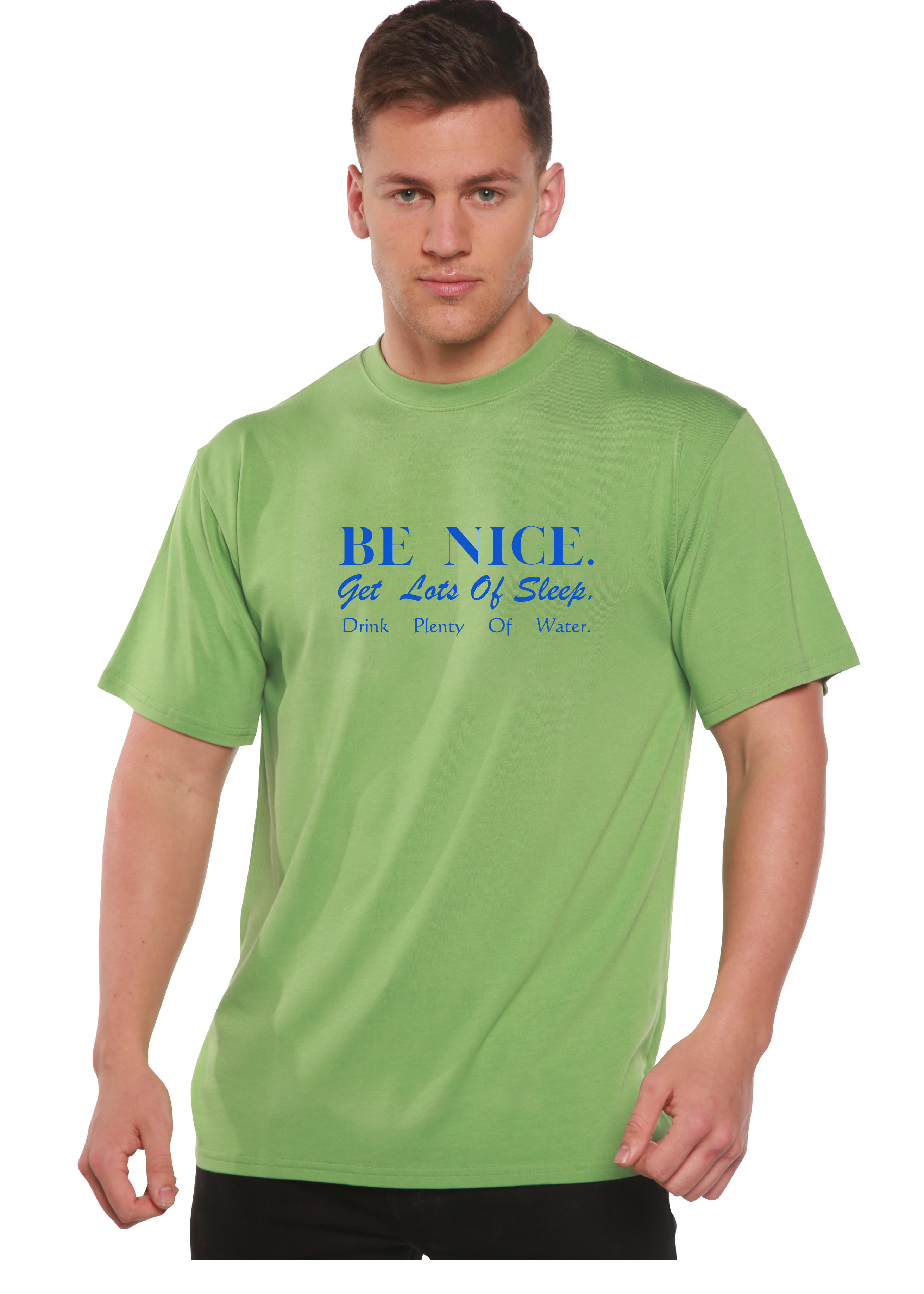 Spun Bamboo Be Nice Men's Bamboo Viscose/Organic Cotton Short Sleeve Graphic T-Shirt — detail close-up