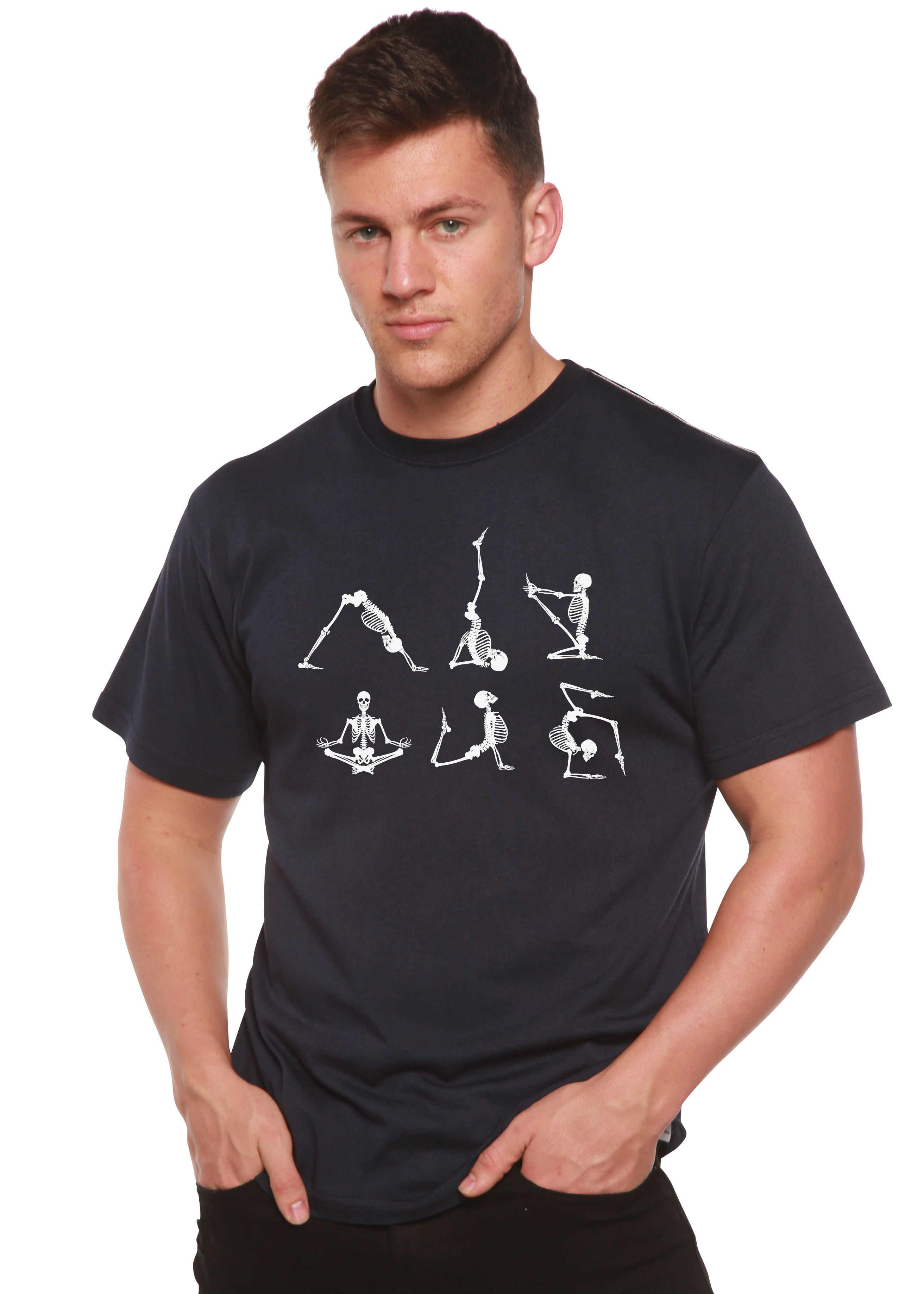 Spun Bamboo Halloween Skeleton Namaste Men's Bamboo Viscose/Organic Cotton Short Sleeve Graphic T-Shirt — detail close-up