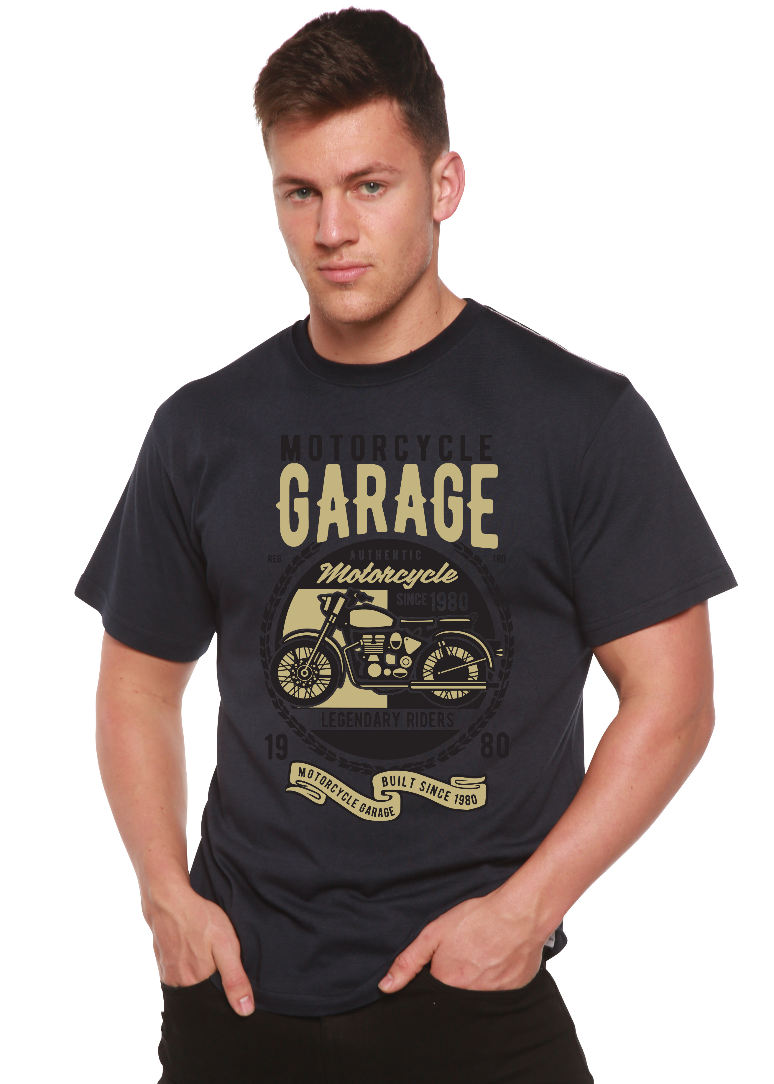 Spun Bamboo Motorcycle Garage Men's Bamboo Viscose/Organic Cotton Short Sleeve Graphic T-Shirt — color detail