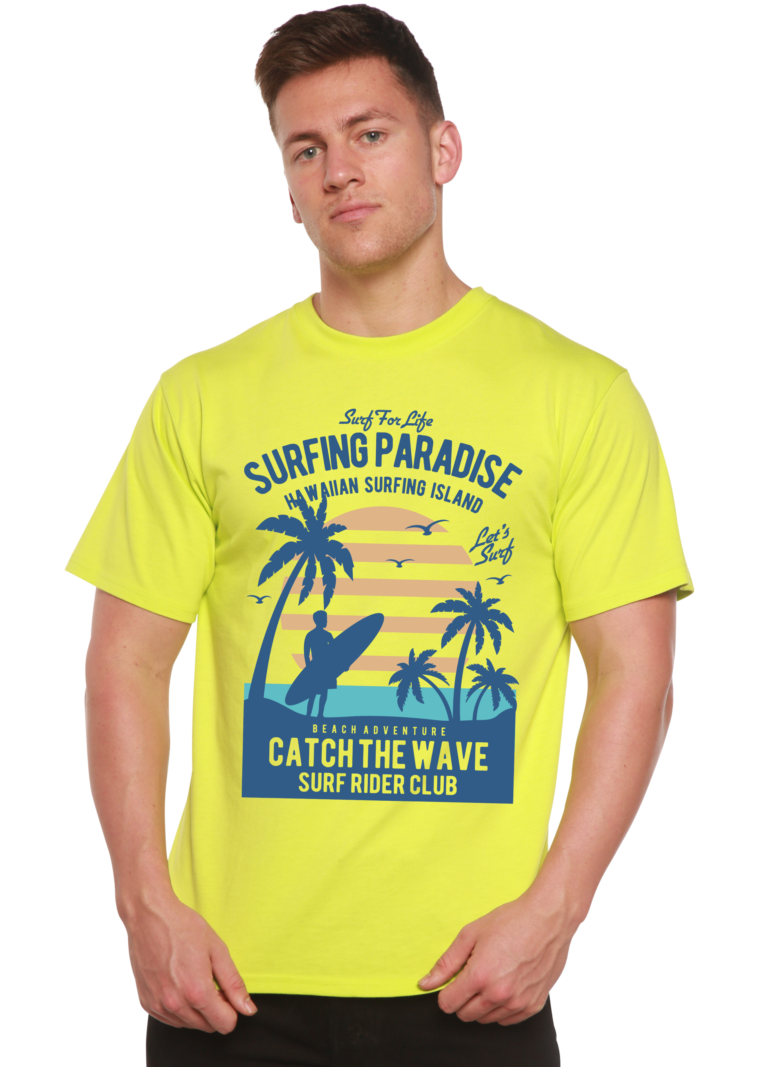 Spun Bamboo Surfing Paradis Spun Bamboo® Men's Bamboo Viscose/Organic Cotton Short Sleeve Graphic T-Shirt — detail close-up