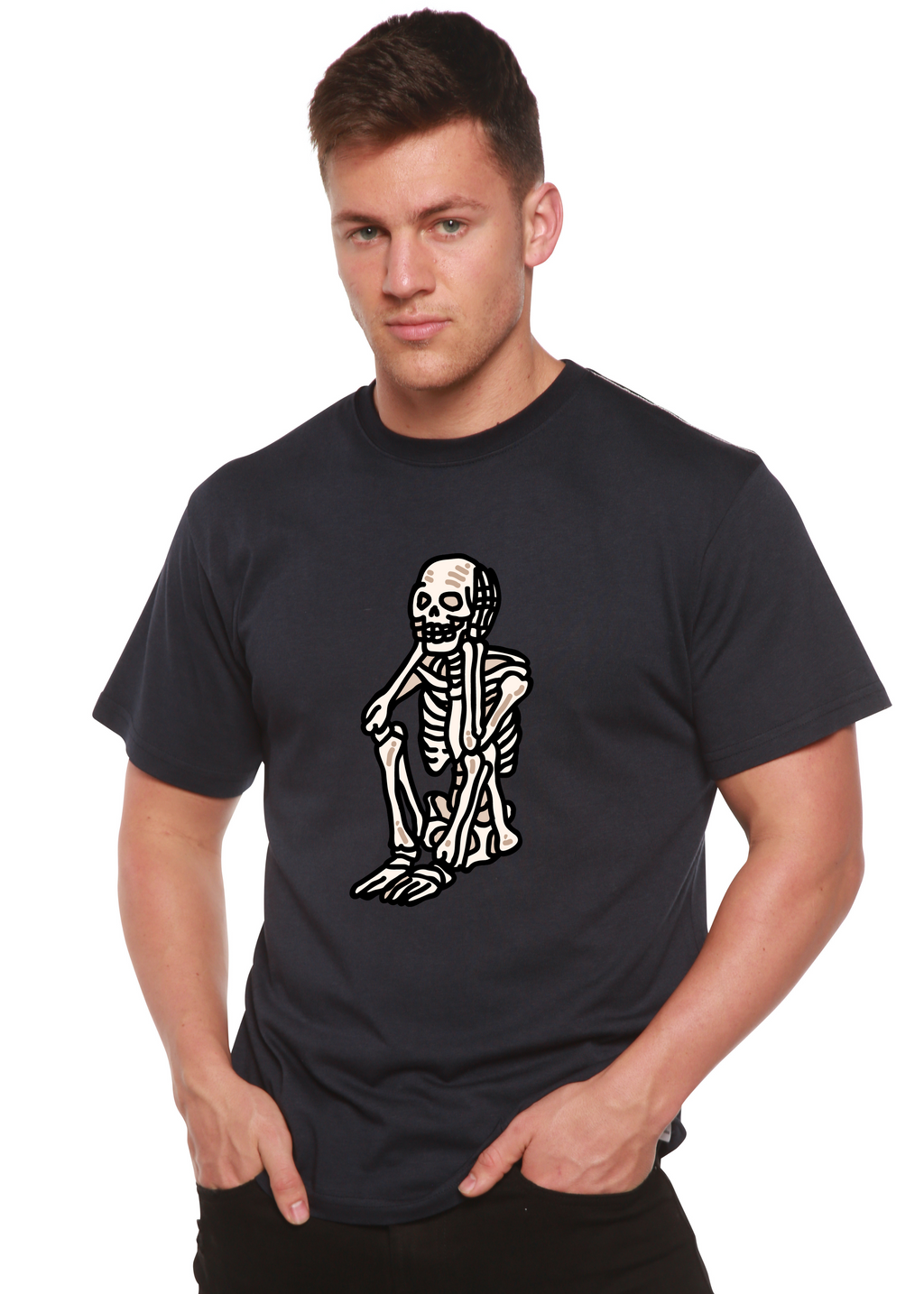 Spun Bamboo Sad Skeleton Halloween Unisex Bamboo Viscose/Organic Cotton Short Sleeve Graphic T-Shirt — flat-lay composition
