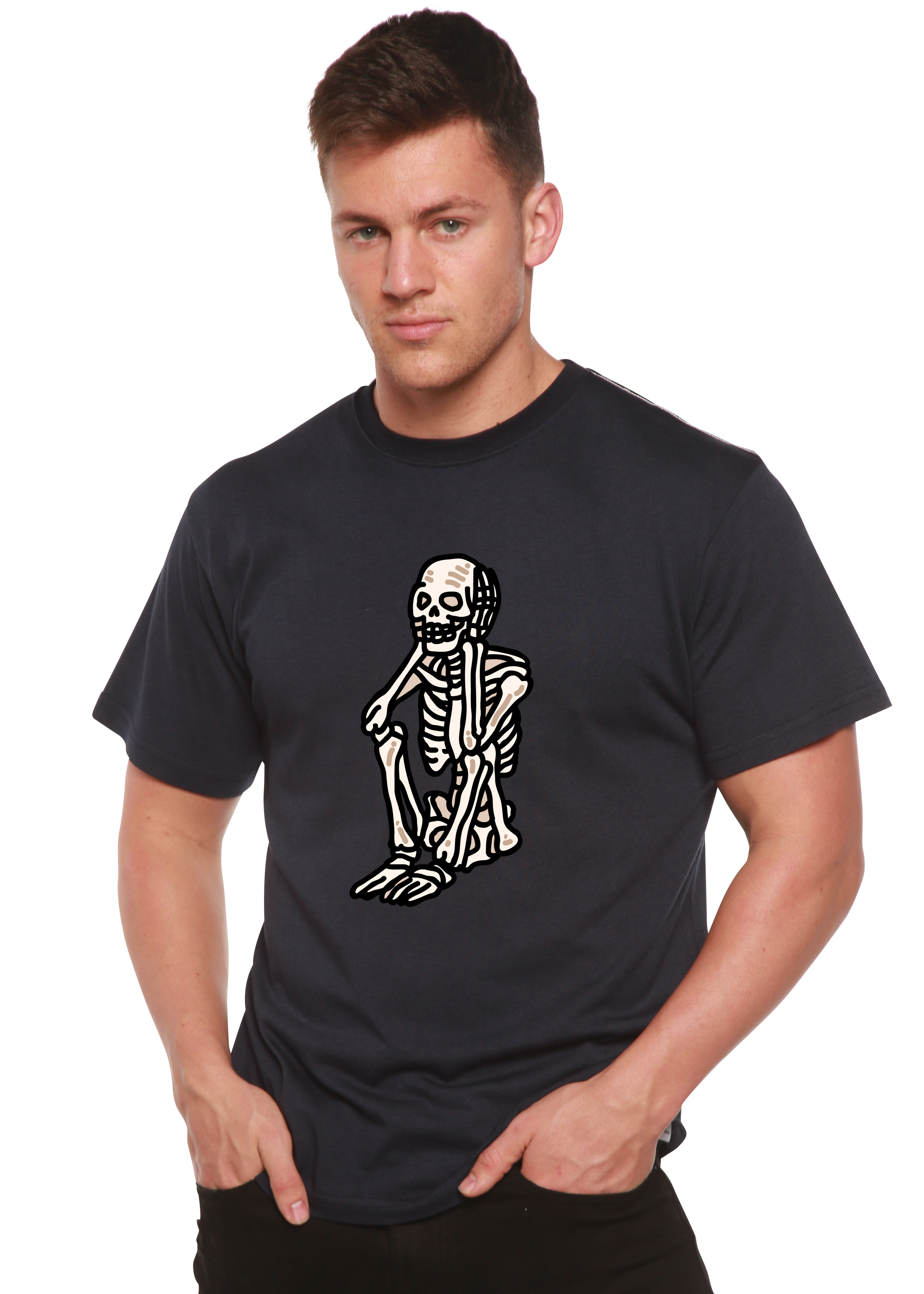 Spun Bamboo Sad Skeleton Halloween Unisex Bamboo Viscose/Organic Cotton Short Sleeve Graphic T-Shirt — flat-lay composition