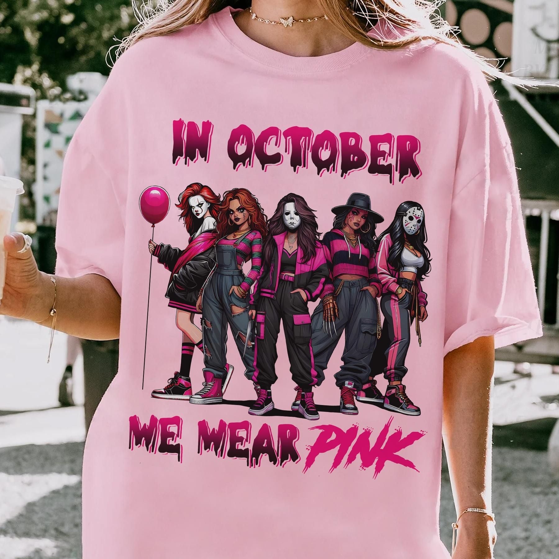 Pasimax "In October We Wear Pink" Horror T-Shirt — size reference