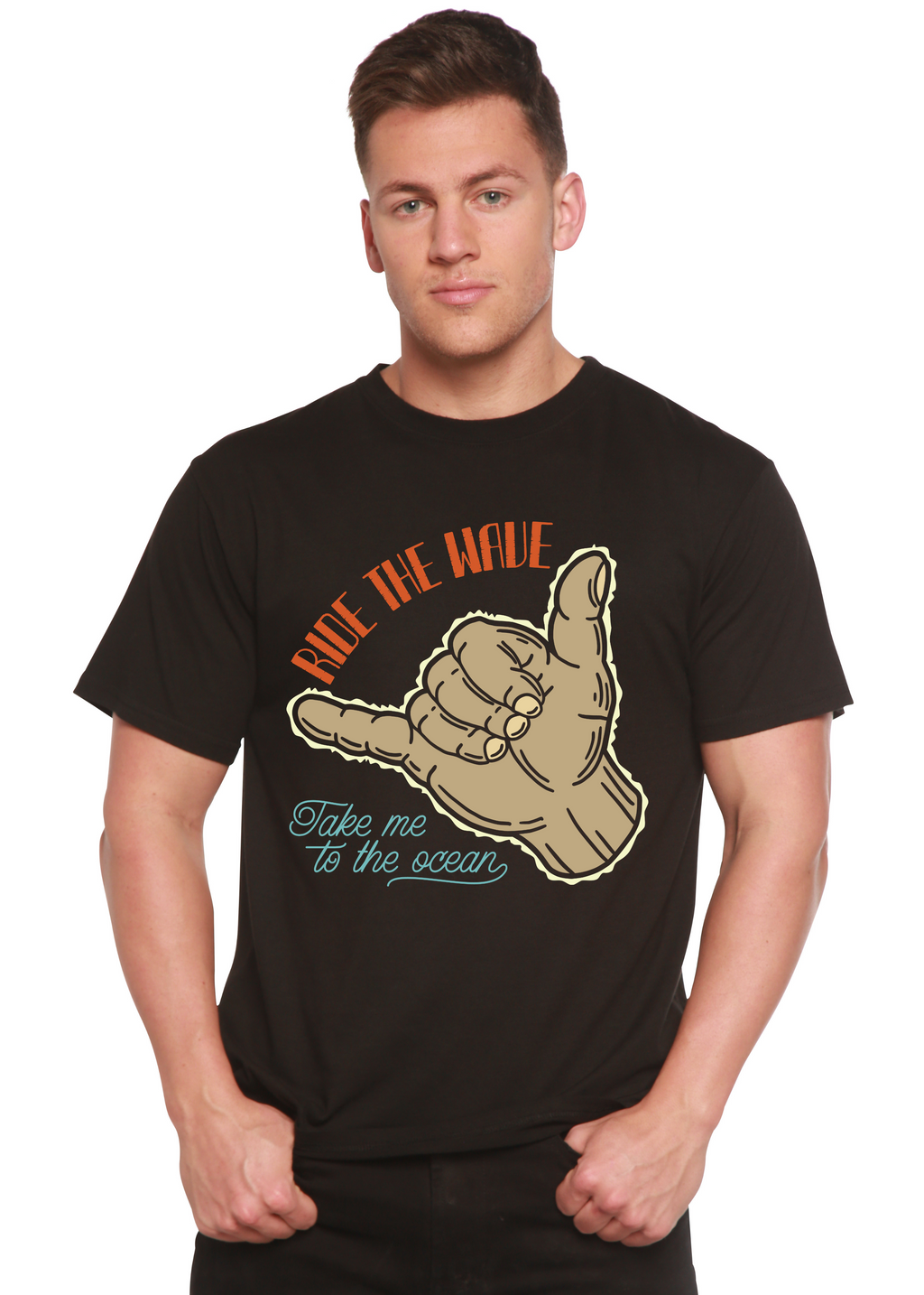 Spun Bamboo Ride The Wave Men's Bamboo Viscose/Organic Cotton Short Sleeve Graphic T-Shirt — detail close-up