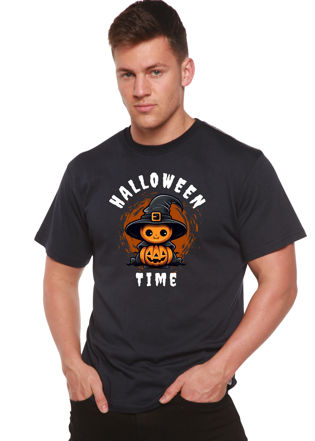 Spun Bamboo Halloween Time Unisex Bamboo Viscose/Organic Cotton Short Sleeve Graphic T-Shirt — flat-lay composition