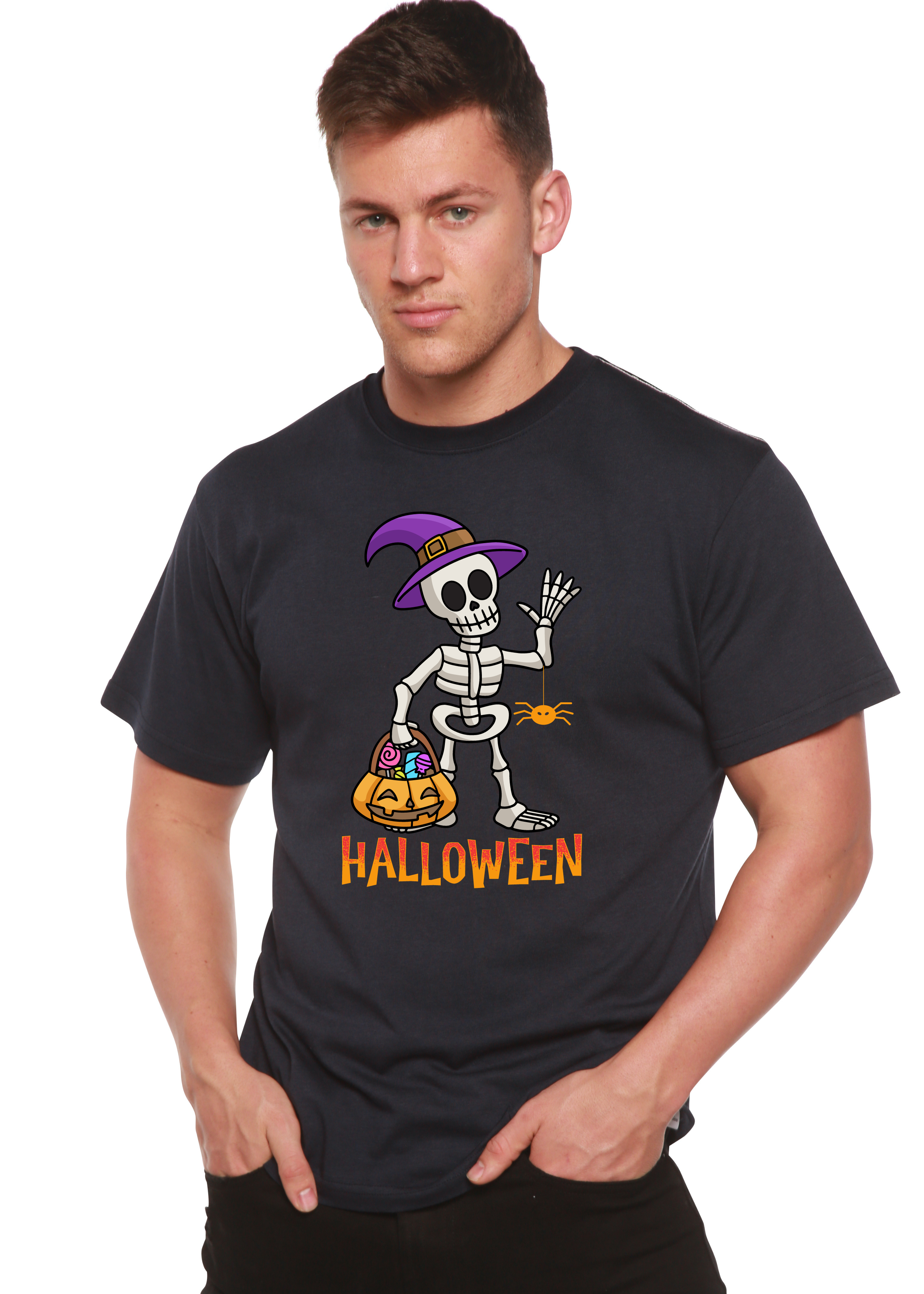 Spun Bamboo Happy Halloween Unisex Bamboo Viscose/Organic Cotton Short Sleeve Graphic T-Shirt — flat-lay composition