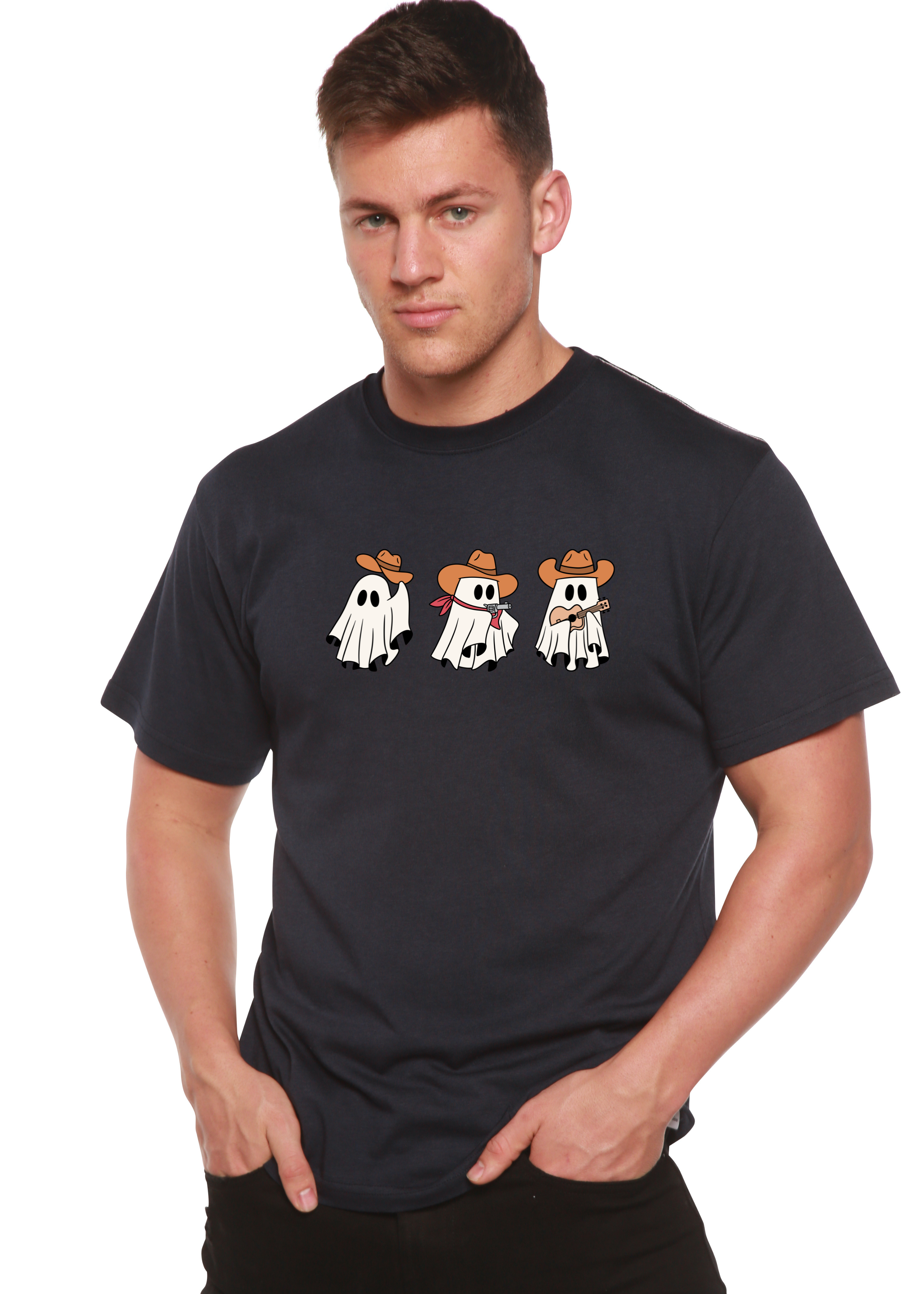 Spun Bamboo Cowboy Ghosts Unisex Bamboo Viscose/Organic Cotton Short Sleeve Graphic T-Shirt — flat-lay composition