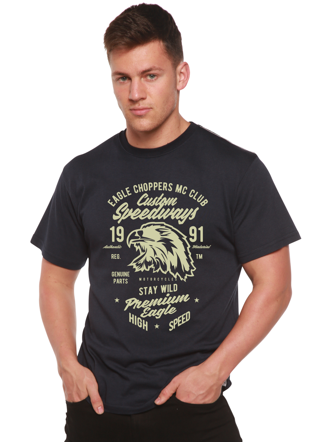Spun Bamboo Custom Speedways Premium Eagle Men's Bamboo Viscose/Organic Cotton Short Sleeve Graphic T-Shirt — detail close-up
