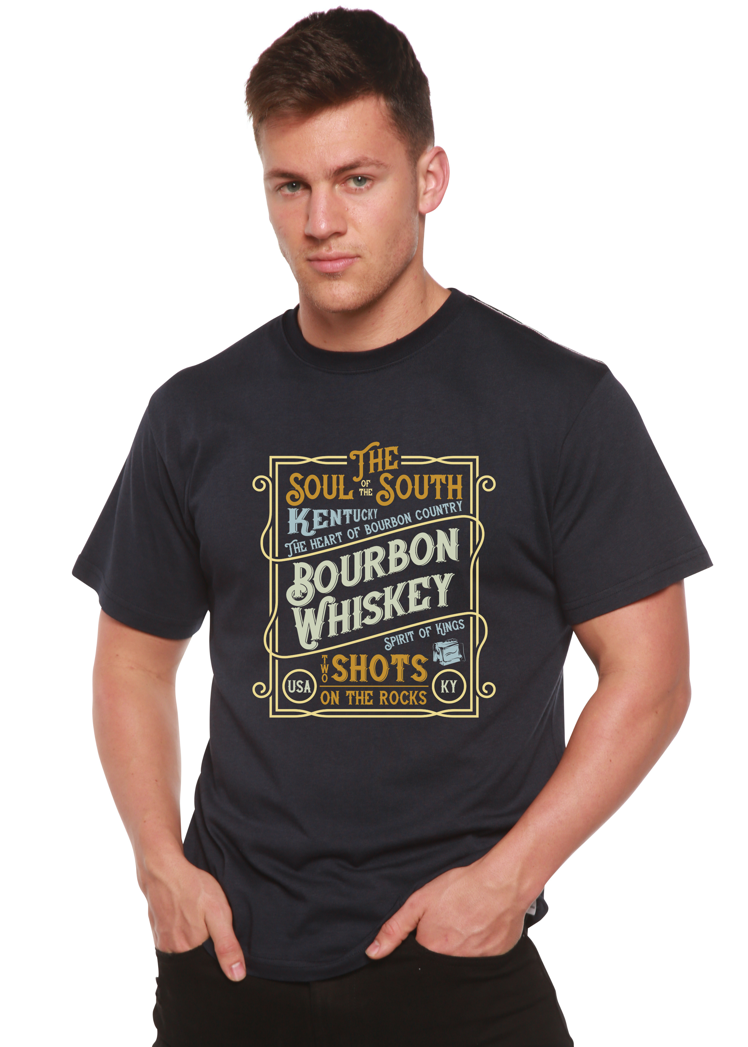 Spun Bamboo Bourbon Whiskey Men's Bamboo Viscose/Organic Cotton Short Sleeve Graphic T-Shirt — detail close-up
