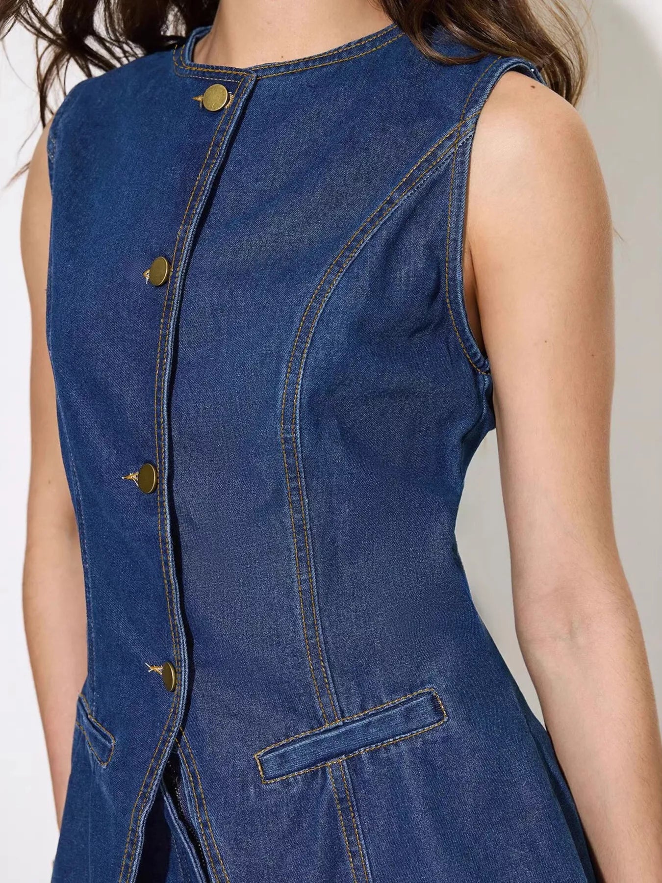 Button Up Sleeveless Denim Top