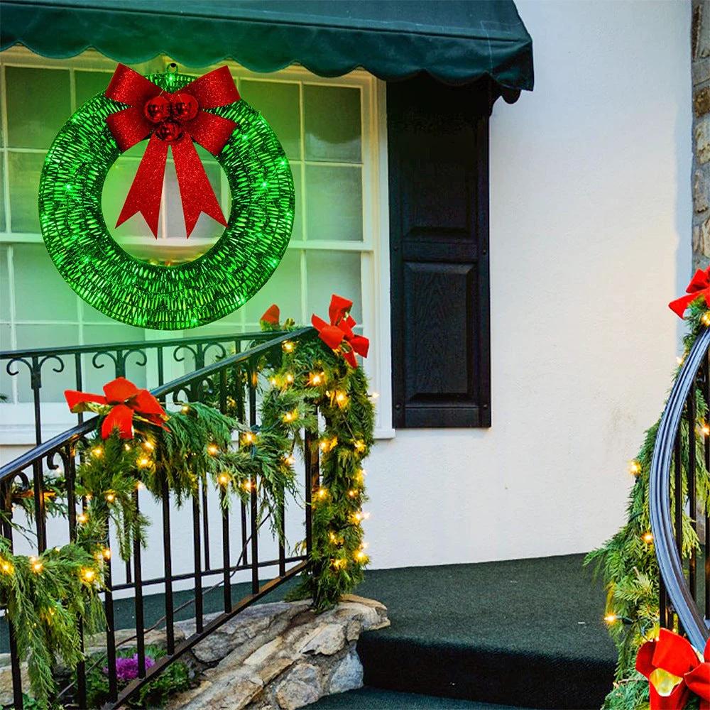 Mandotos Christmas Wreath 50cm Luminous LED Metal Garland Bowknot Front Door Hanging