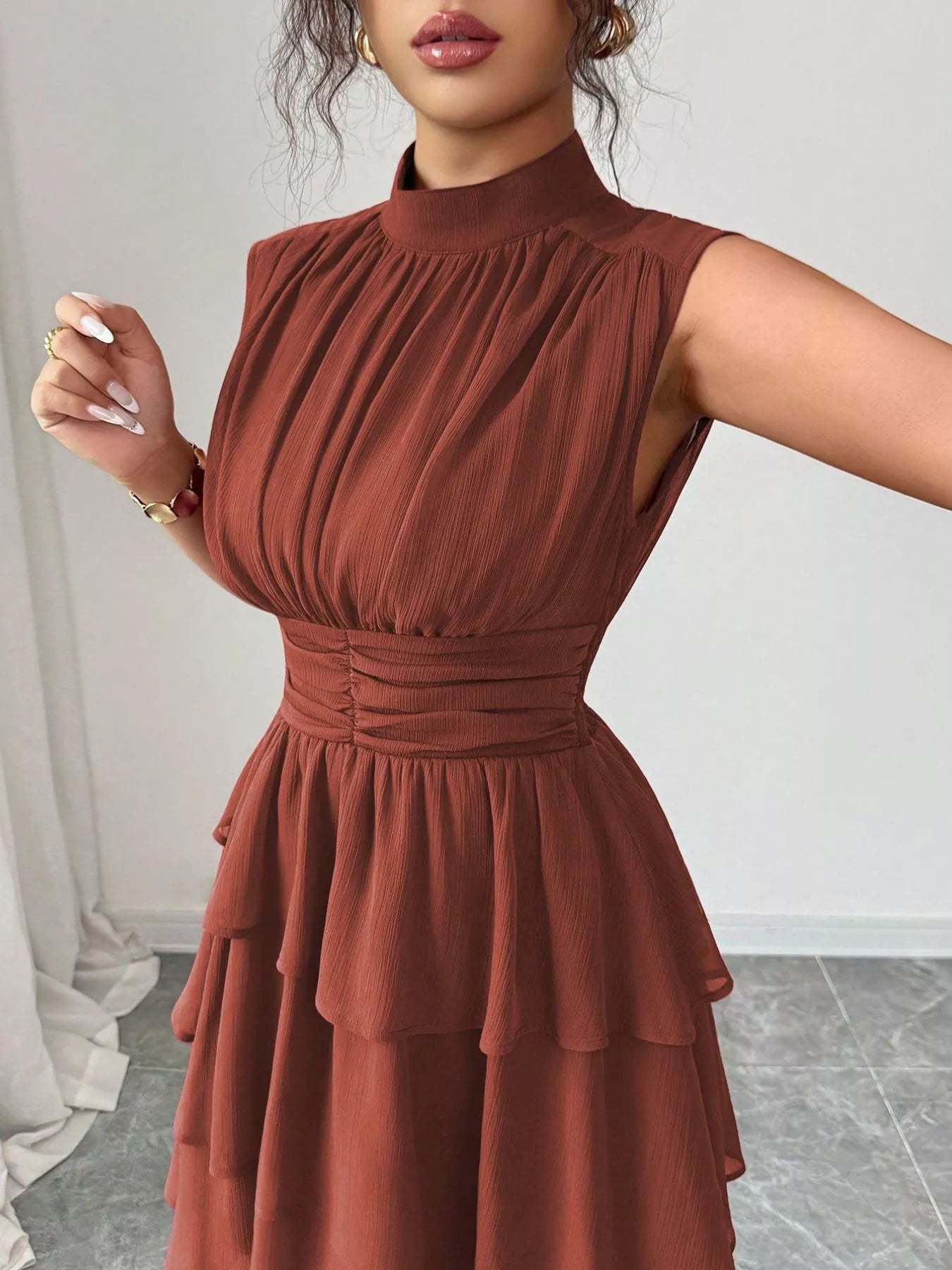 Sleeveless Mock Neck Layered Ruffle Dress