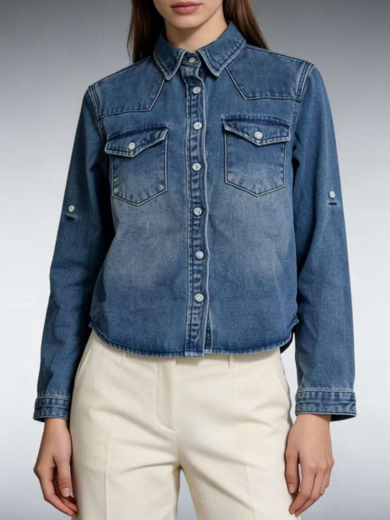 Button Down Classic Western Style Denim Top