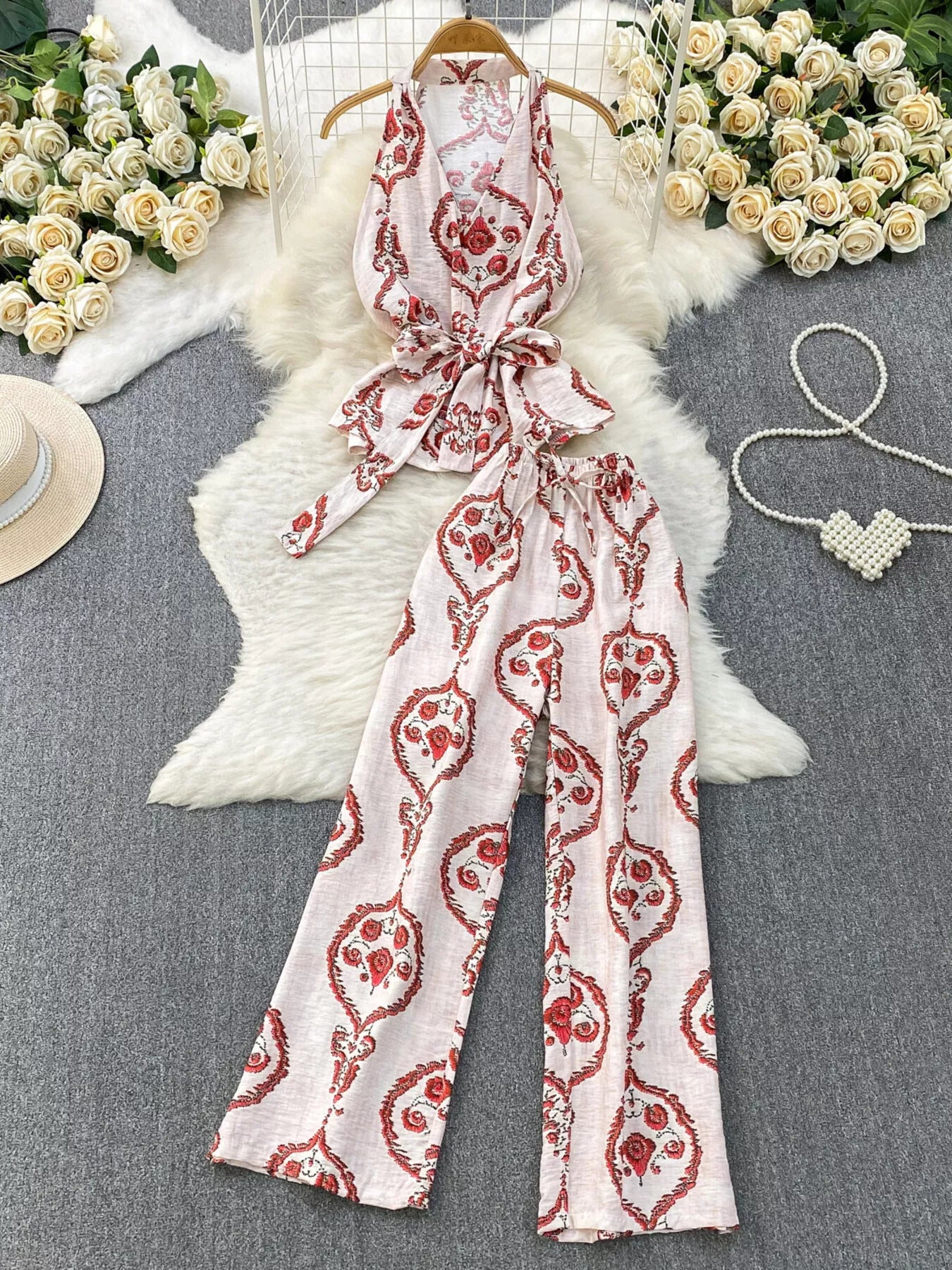 Printed Sleeveless Top and Wide Leg Pants Set