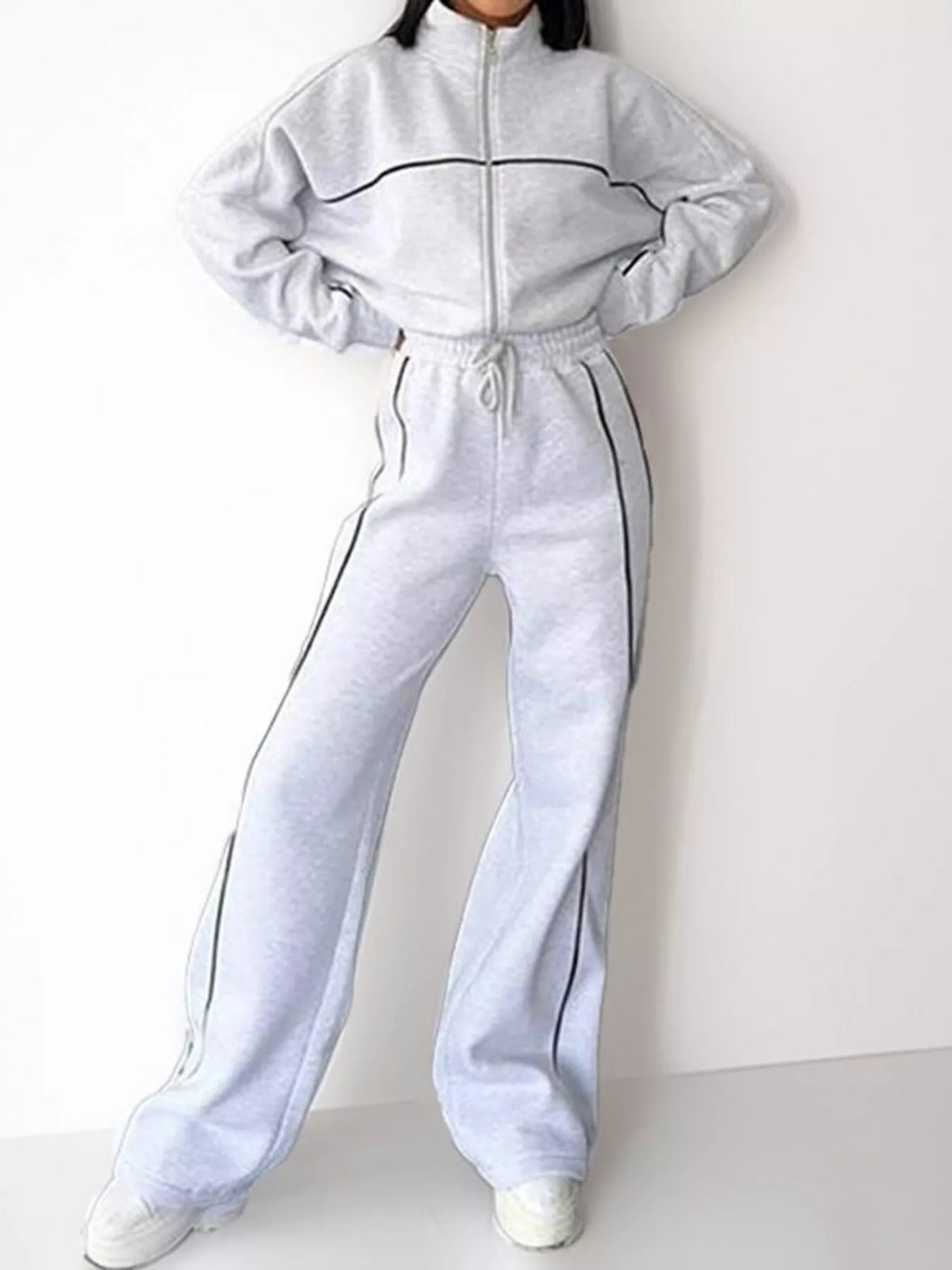 Full Size Zip Up Long Sleeve Top and Pants Set Plus Size