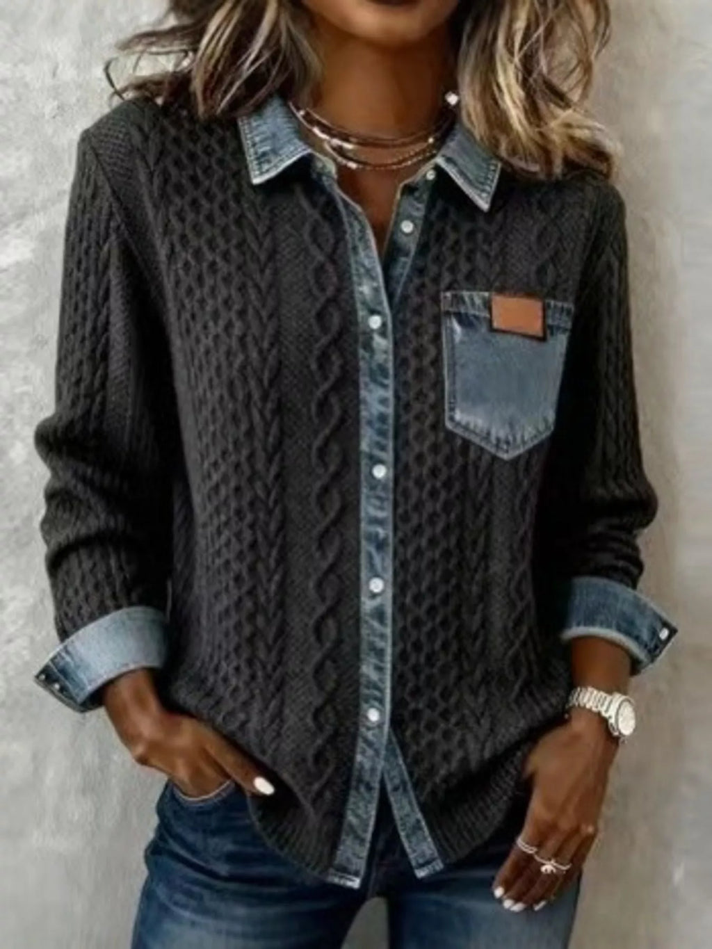 Denim Trim Cable Knit Cardigan