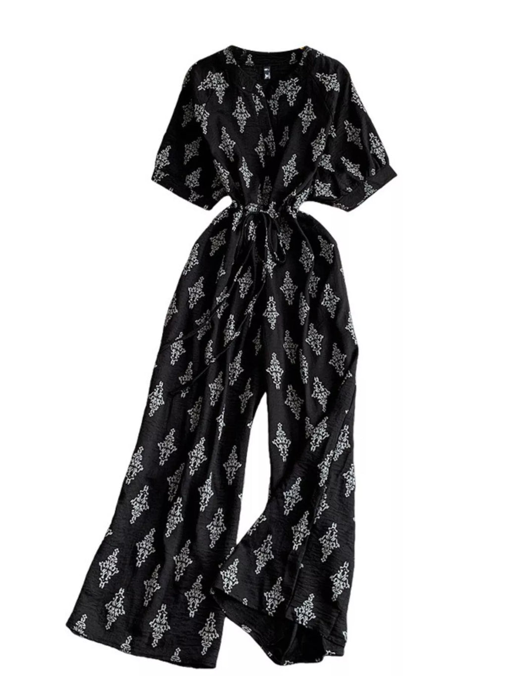 Printed Short Sleeve Wide Leg Jumpsuit