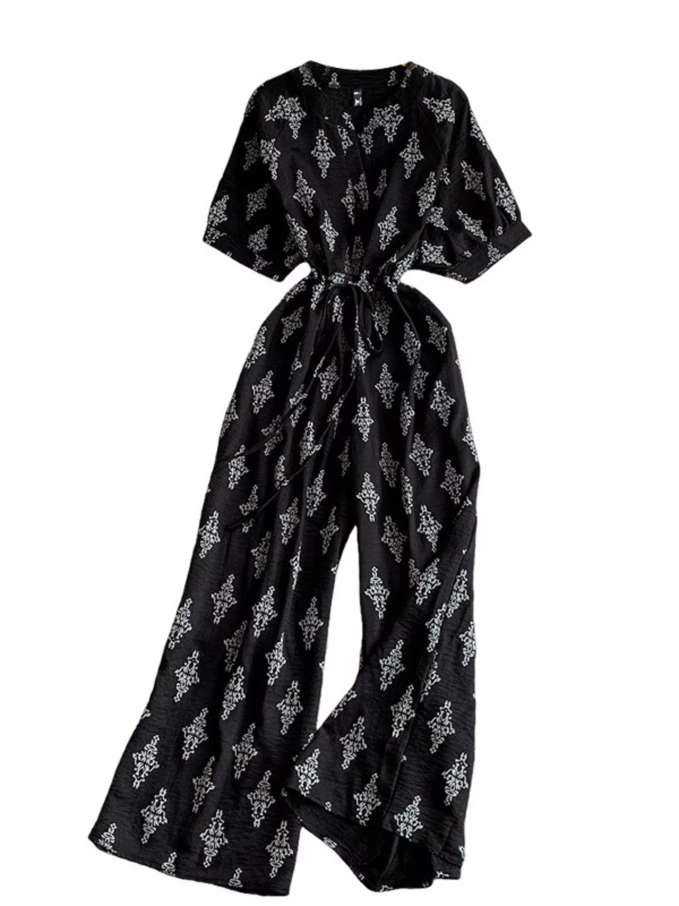 Printed Short Sleeve Wide Leg Jumpsuit