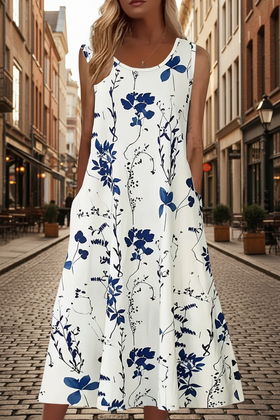 Women's Elegant Floral Print Two-Piece Set – Round Neck Top & Pants