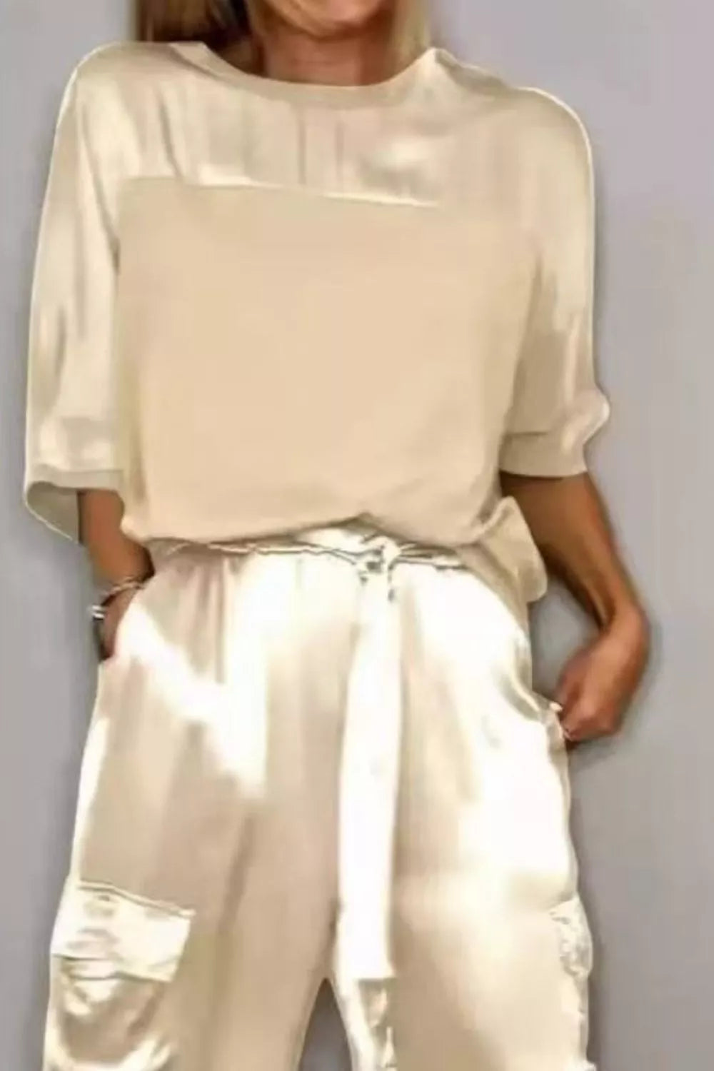 Satin Round Neck Top and Pants Set