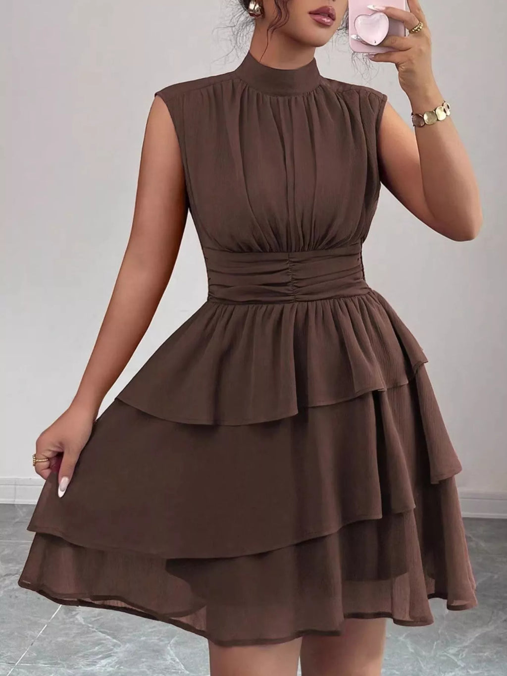 Sleeveless Mock Neck Layered Ruffle Dress