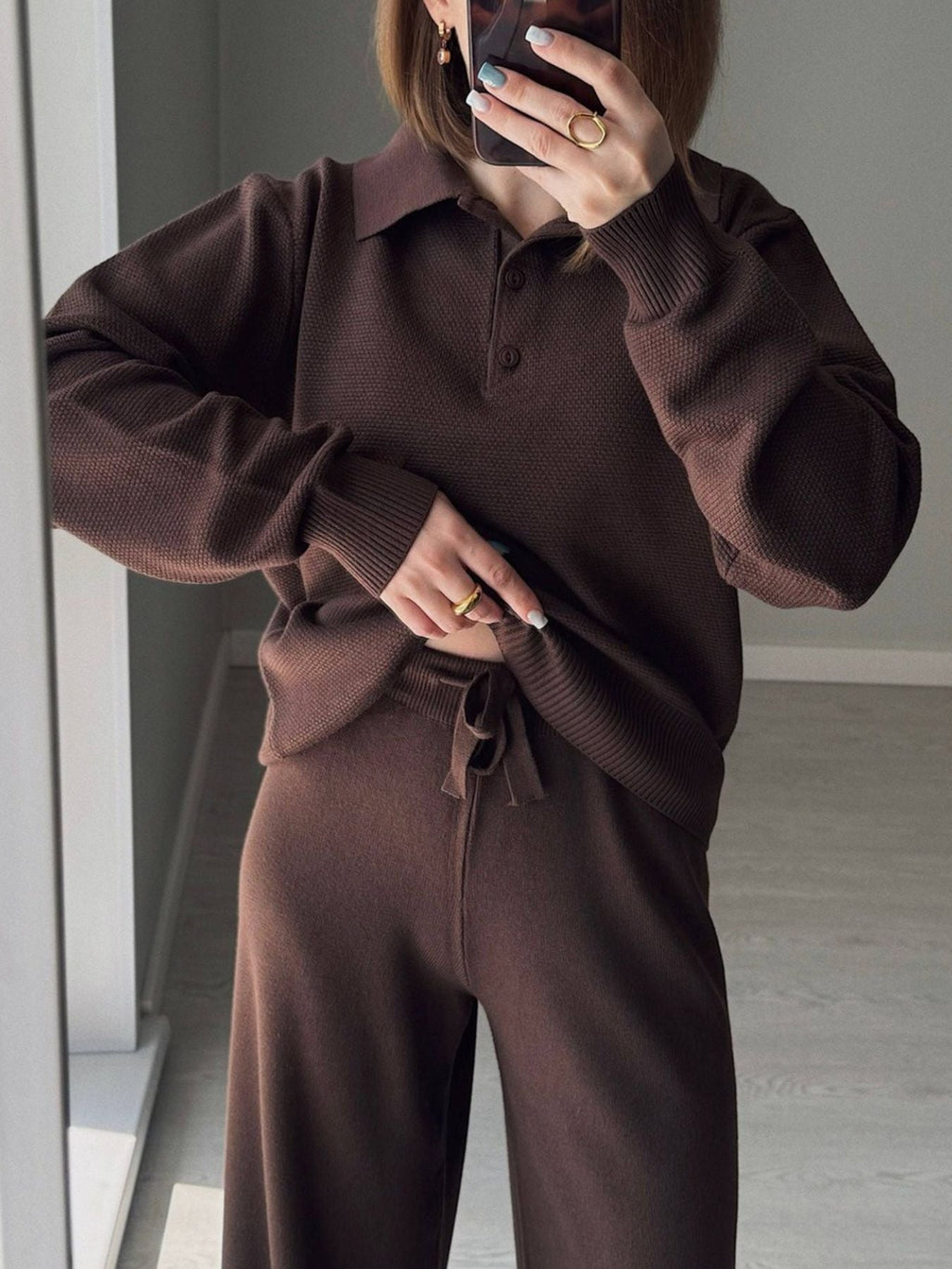 Polo Collar Top and Pants or Skirt Knit Set