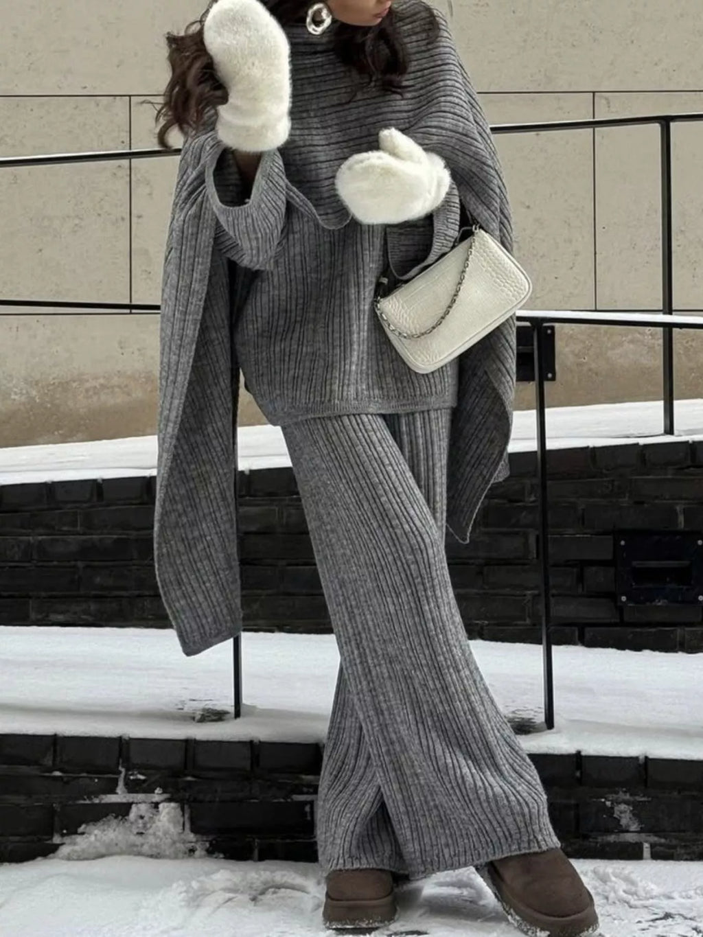 3-Piece Crew Neck Ribbed Sweater and Wide-Leg Pants Set with Scarf