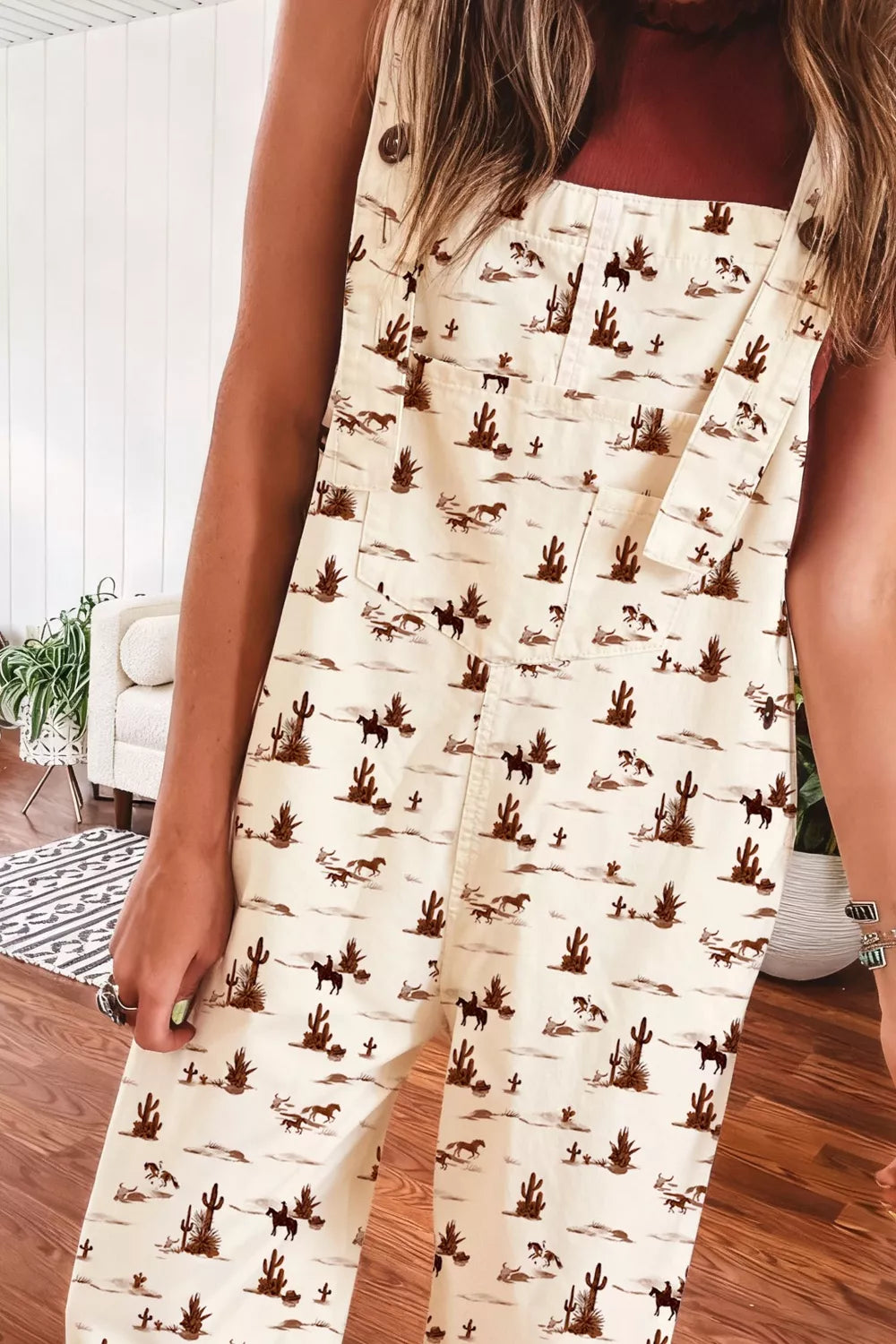 Western Printed Button Adjustable Straps Loose Jumpsuit
