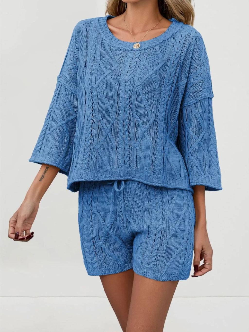 Cable Knit Round Neck Top and Shorts Sweater Set