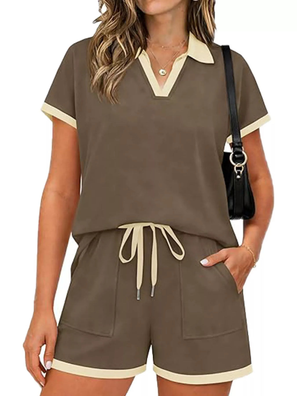 Polo Collar Short Sleeve Top and Shorts Set