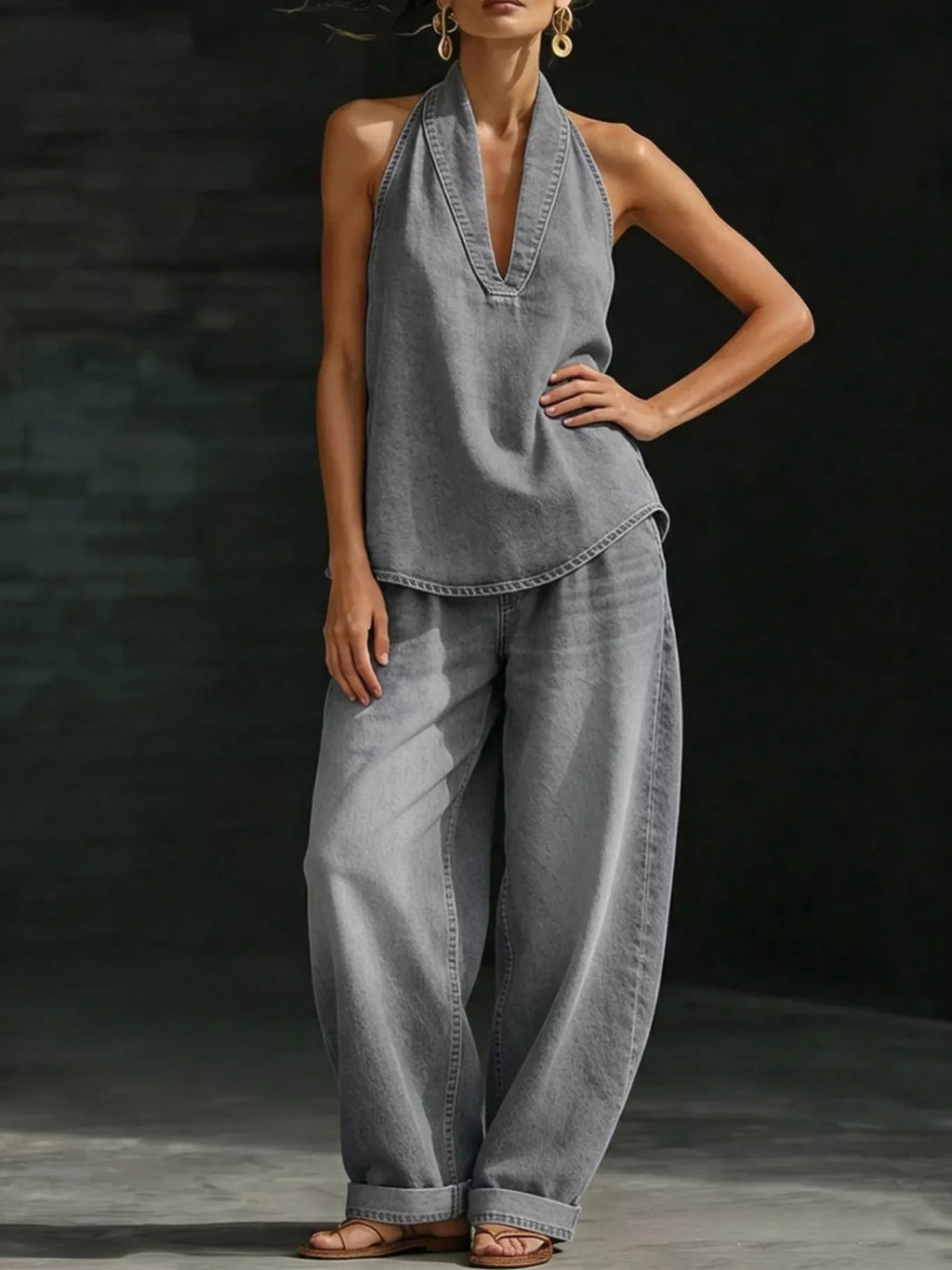 Full Size Halter Neck Top and Wide Leg Pants Plus Size