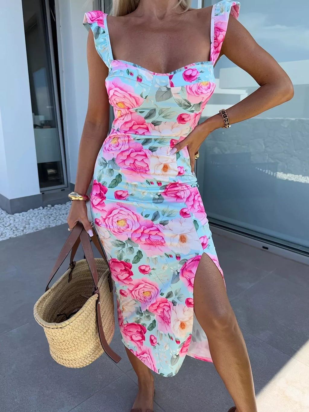Slit Sweetheart Neck Midi Dress