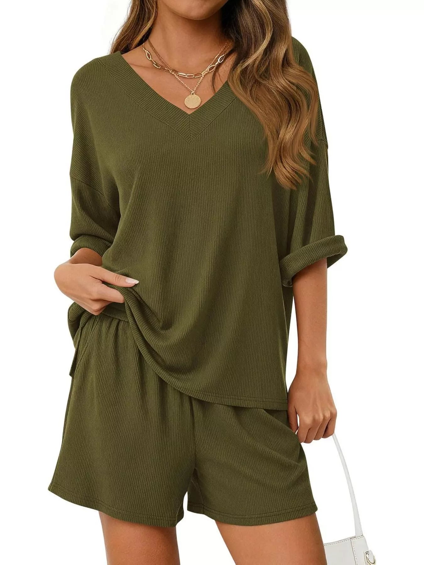 Casual Solid Color V-Neck Top & Shorts Set
