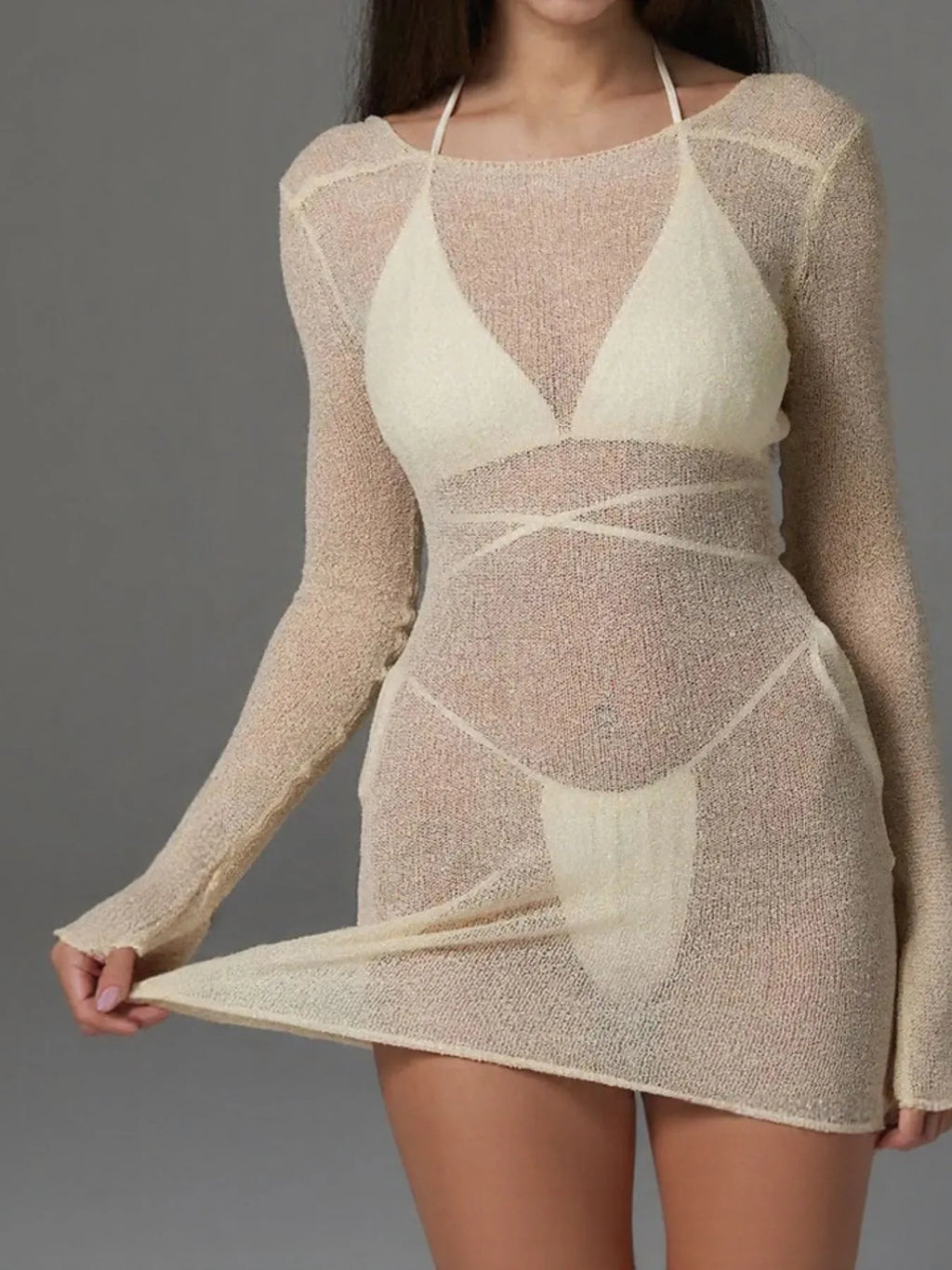 Sheer Backless Long Sleeve Mini Cover-Up Dress