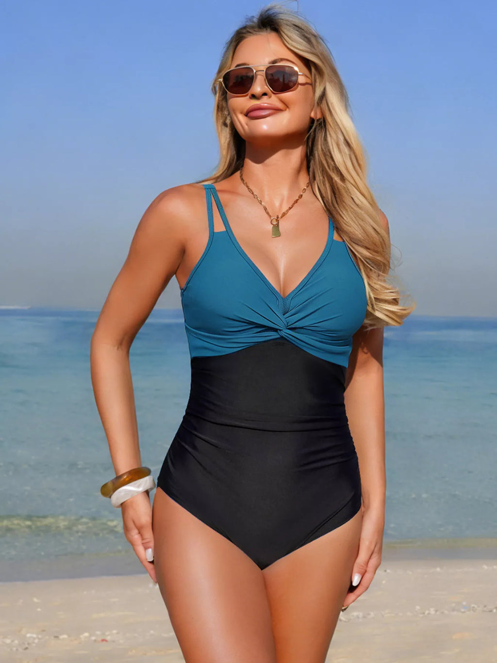 Twisted Front V-Neck One-Piece Swimsuit