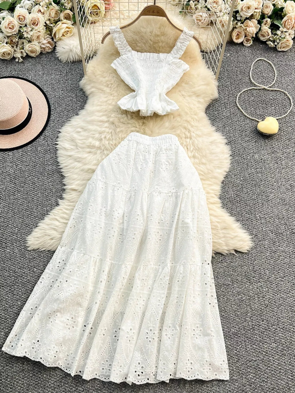 Smocked Crop Top and Hollow-Out Skirt Set