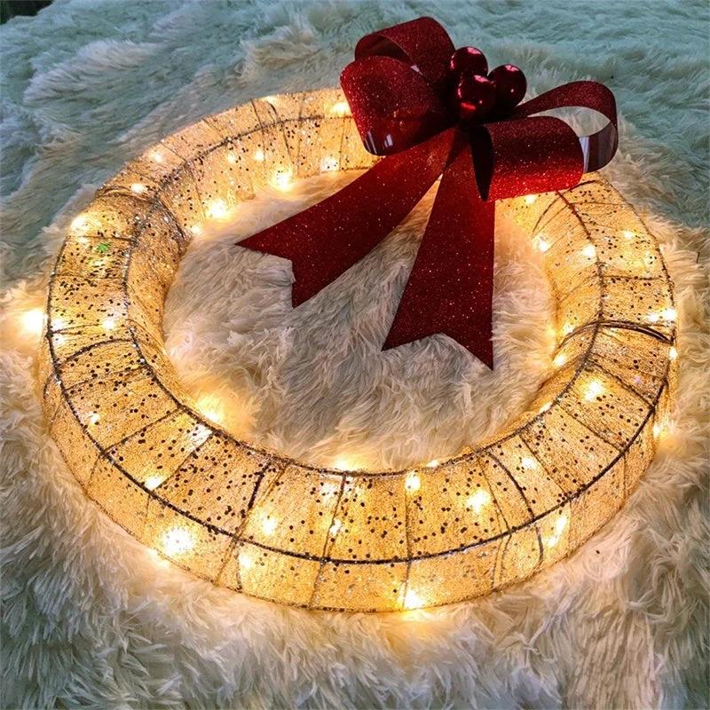 Mandotos Christmas Wreath 50cm Luminous LED Metal Garland Bowknot Front Door Hanging