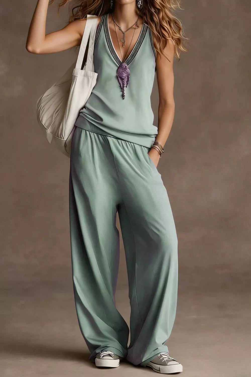 V-Neck Tank and Wide Leg Pants Set