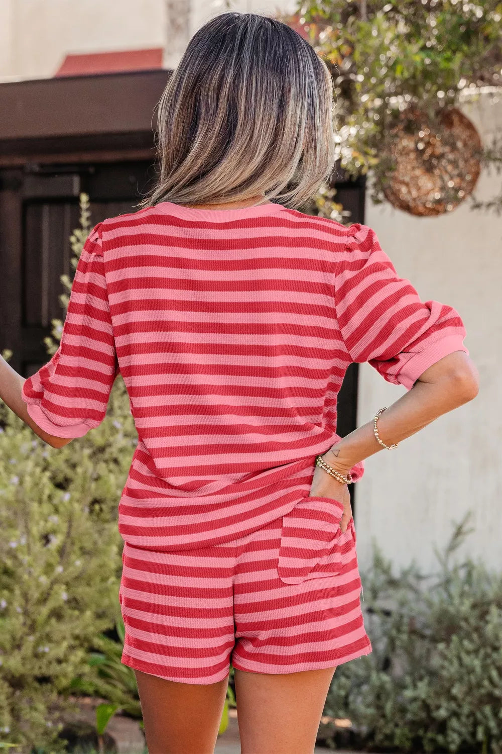 Striped Round Neck Top and Shorts Set