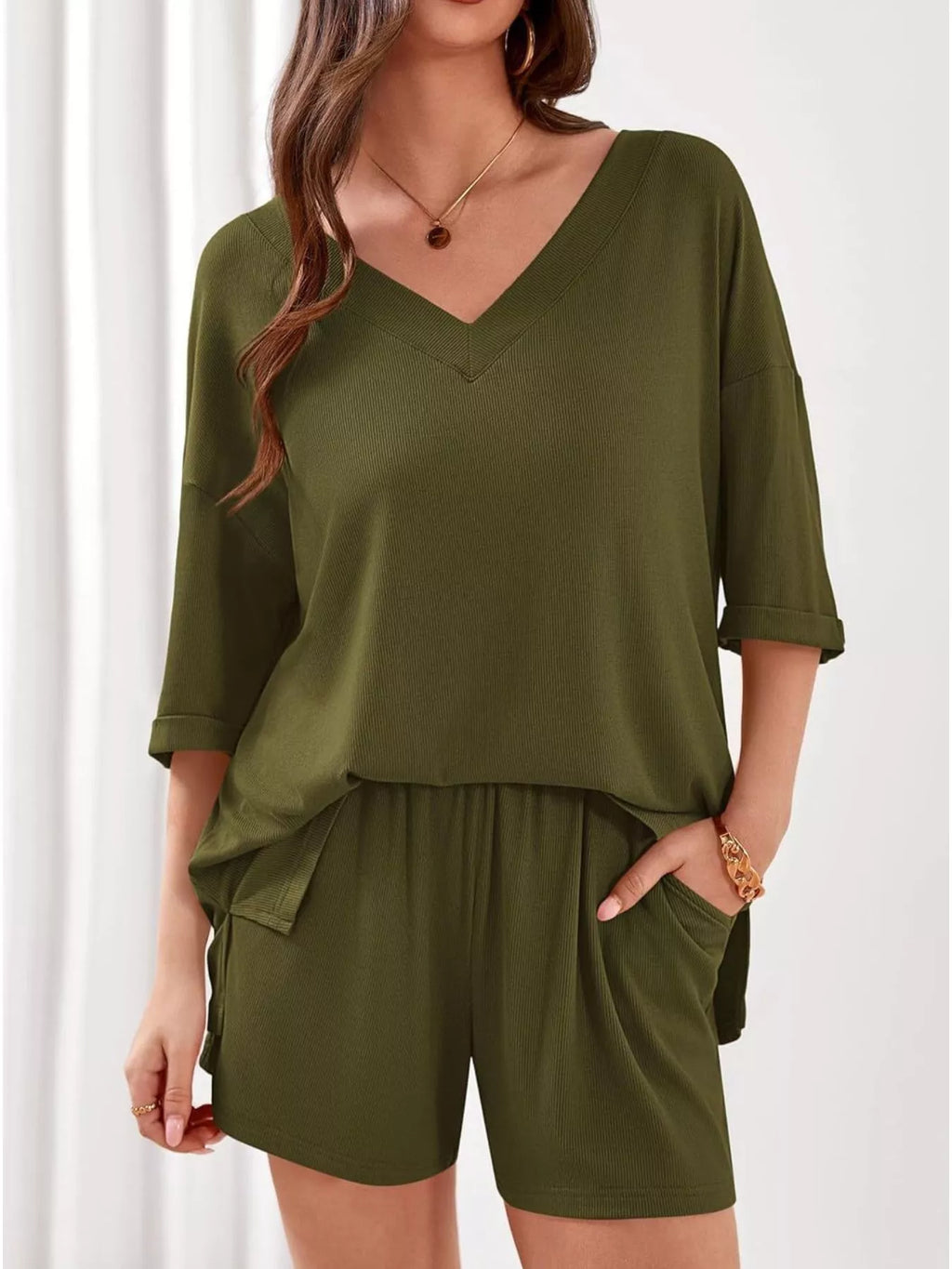 Casual Solid Color V-Neck Top & Shorts Set