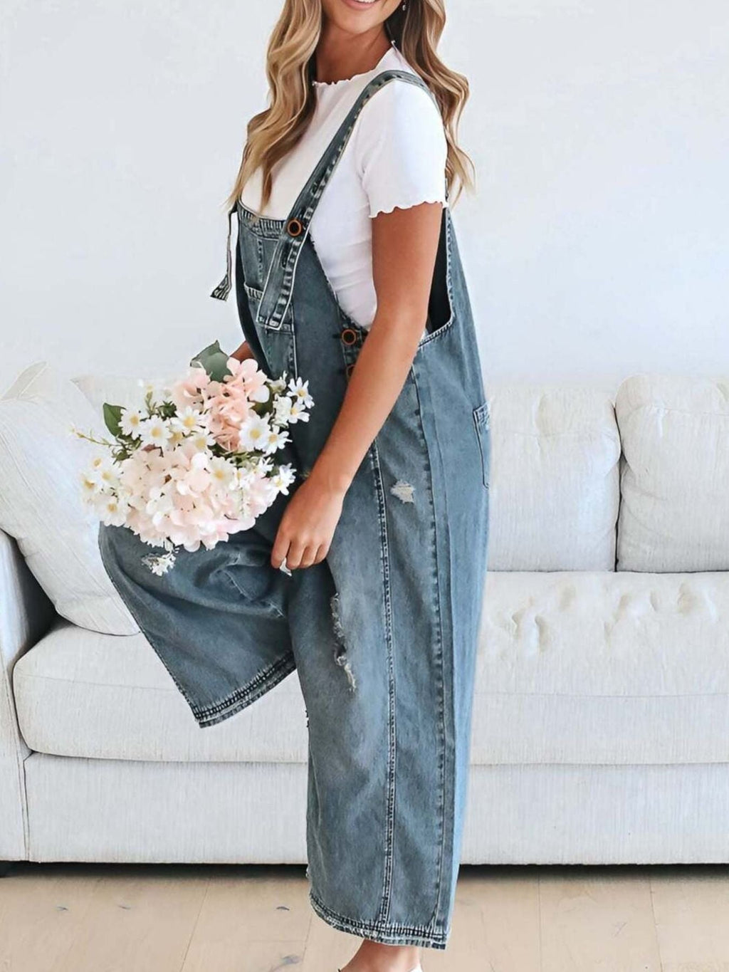 Distressed Wide Leg Denim Overalls