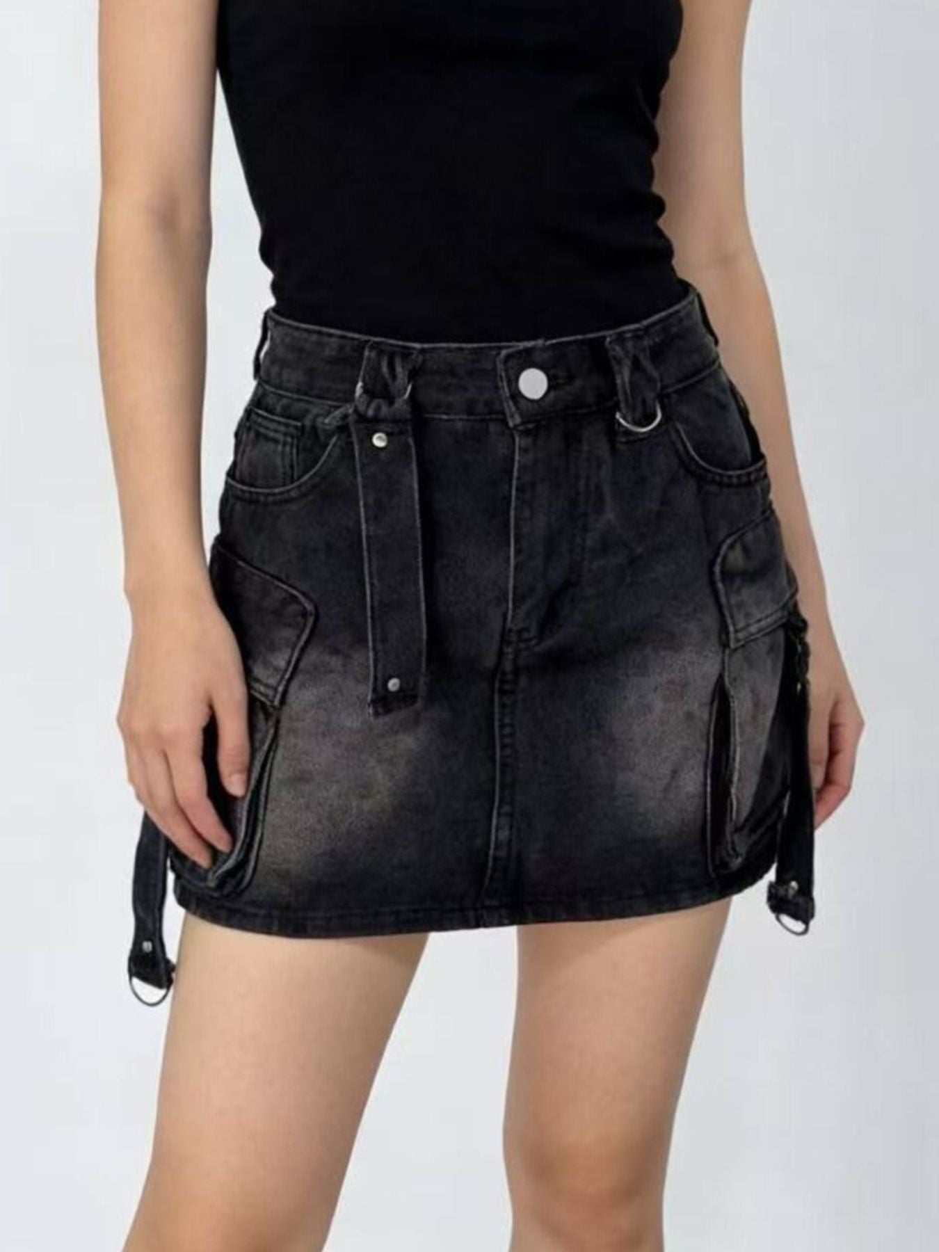 Washed Cargo Denim Skirt