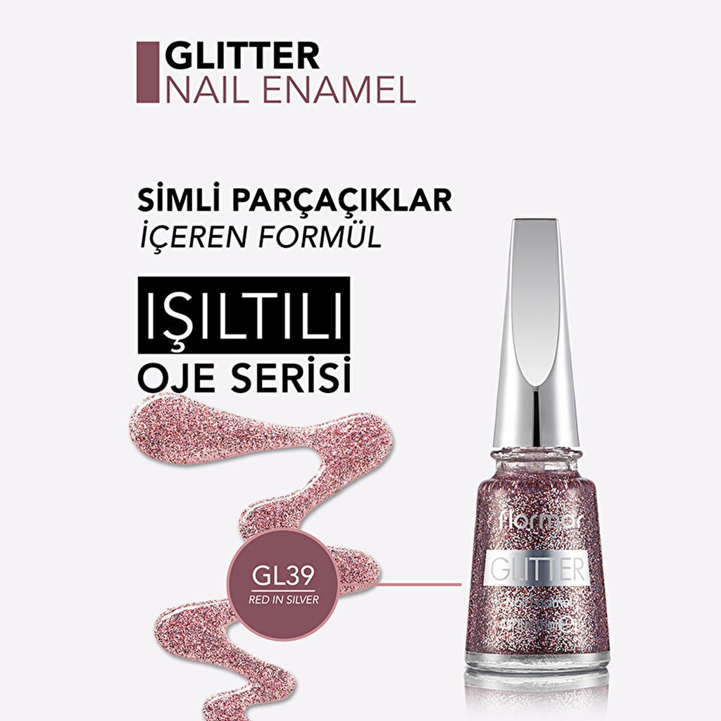 Flormar Glitter Semi-Transparent Nail Polish GL39 Red In Silver - Long Lasting