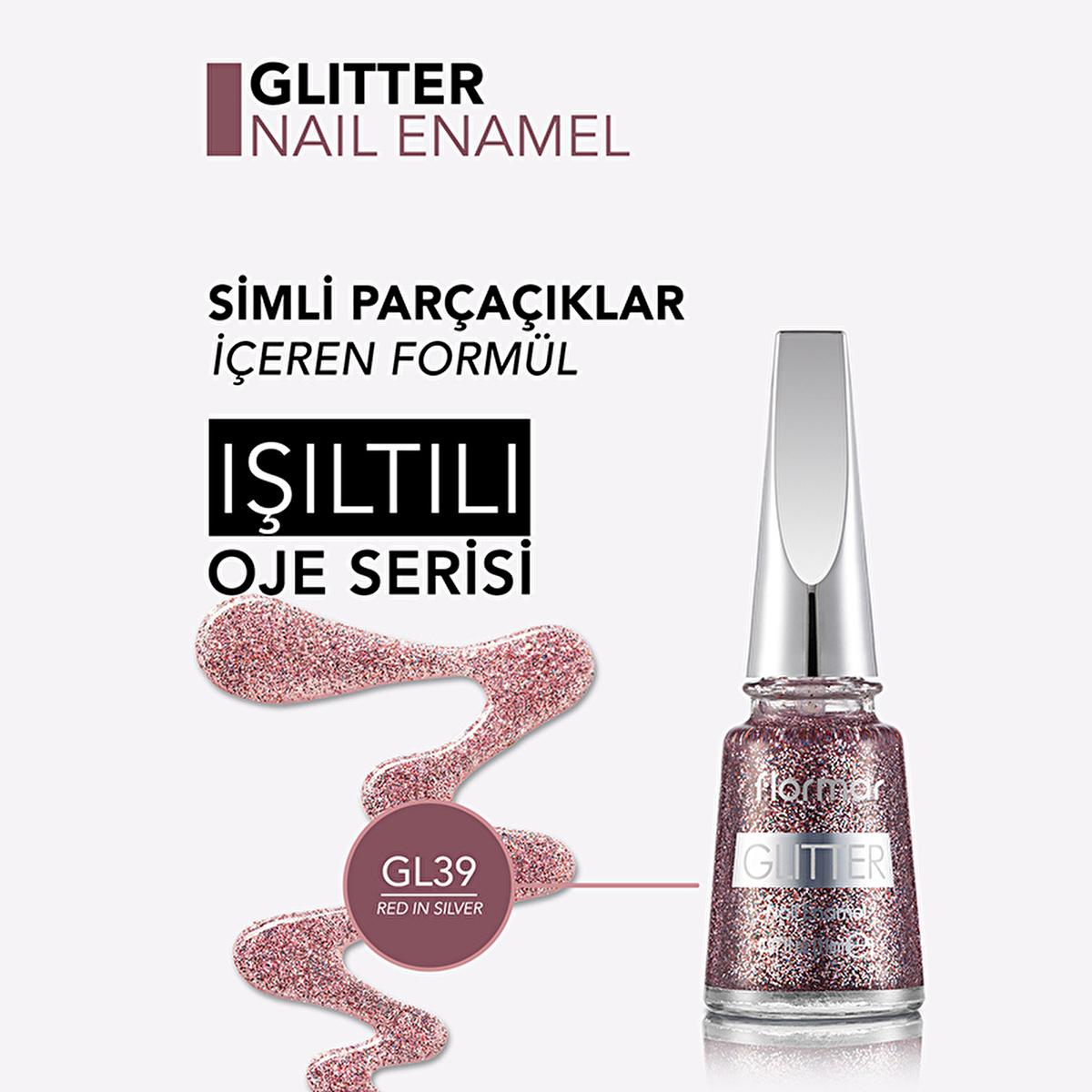 Flormar Glitter Semi-Transparent Nail Polish GL39 Red In Silver - Long Lasting