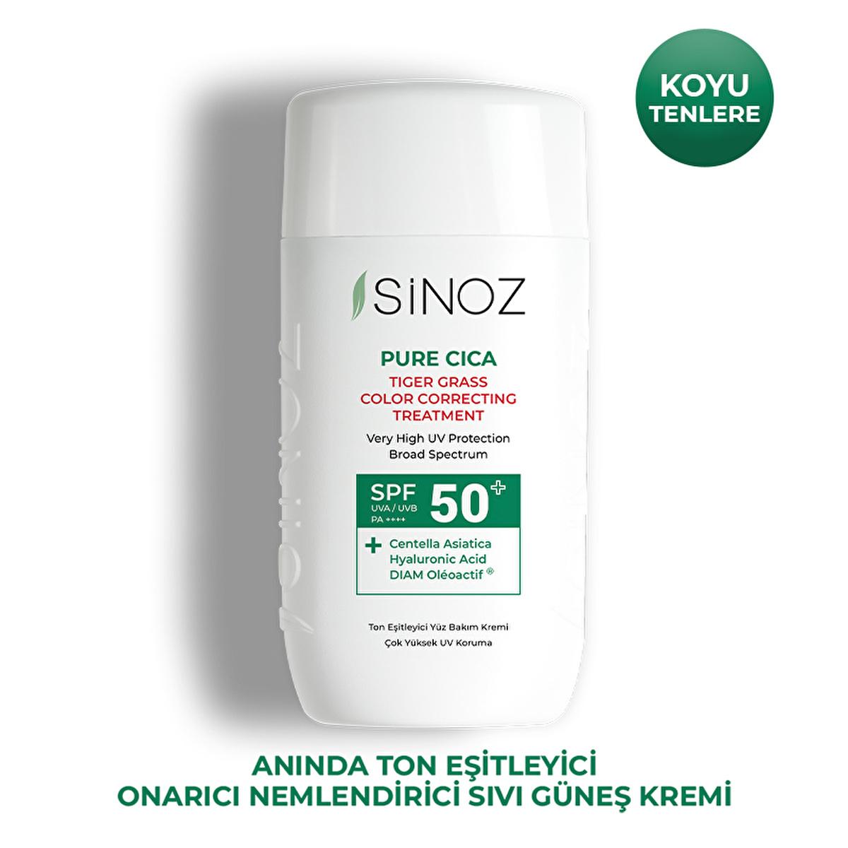 Sinoz Cica Tiger Grass Tinted Sunscreen SPF50+: Color Correcting, Redness Reducing Mineral Sunscreen with Hyaluronic Acid - Evens Skin Tone